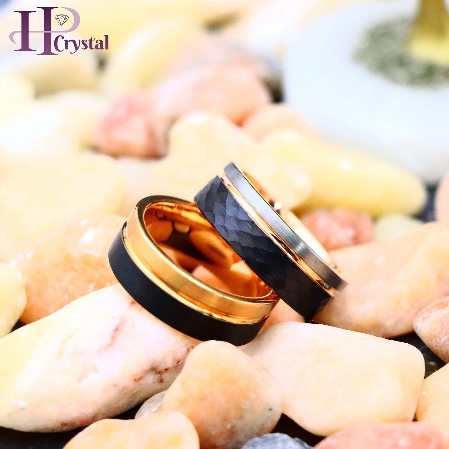 Three-tone Natural, Rose Gold & Hammered Black IP Plated Groove Tungsten Ring Two-tone Rose & Black IP Split Pipe-cut Tungsten Ring