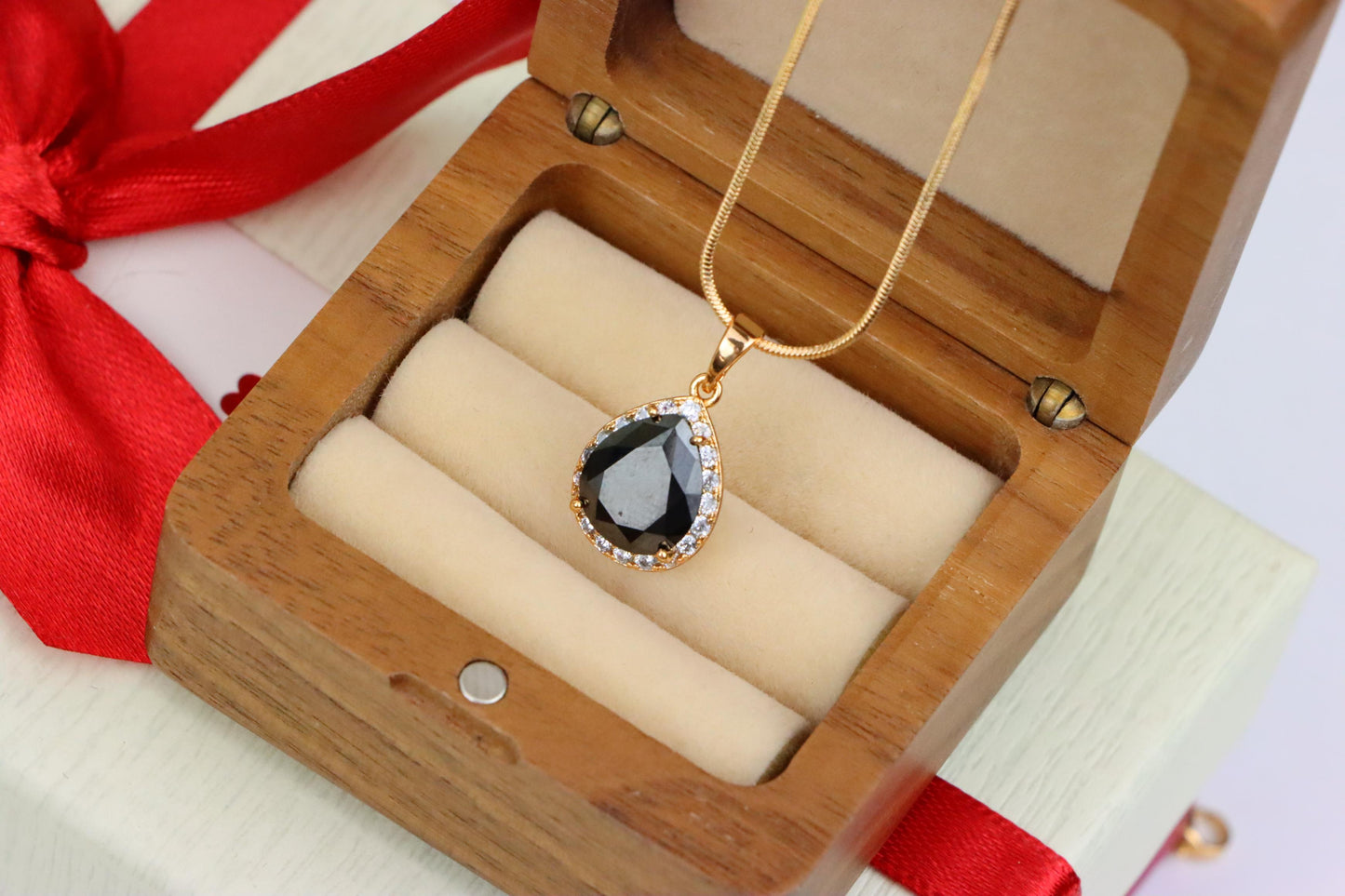 Teardrop Black Pendant with White Crystal Border in Rose Gold Finish, XPPT1614 (2148-6)