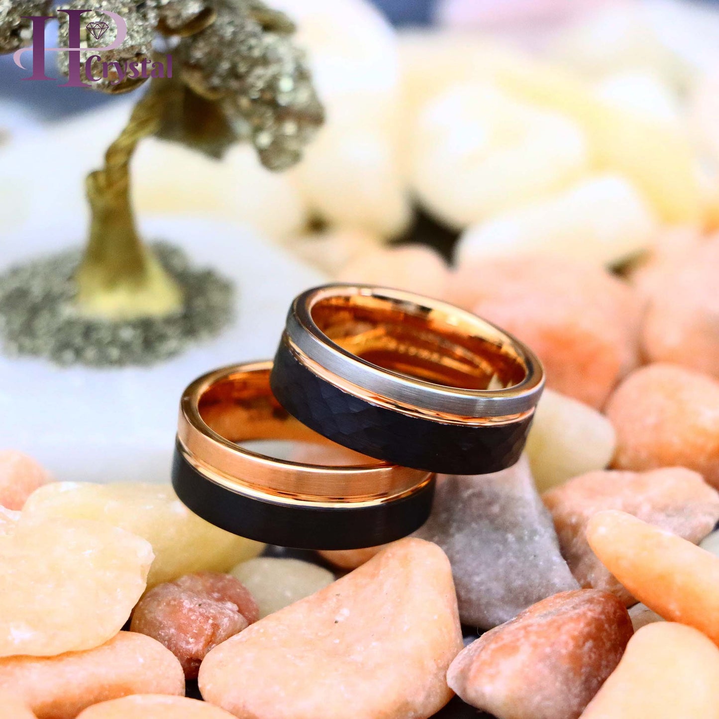 Three-tone Natural, Rose Gold & Hammered Black IP Plated Groove Tungsten Ring Two-tone Rose & Black IP Split Pipe-cut Tungsten Ring