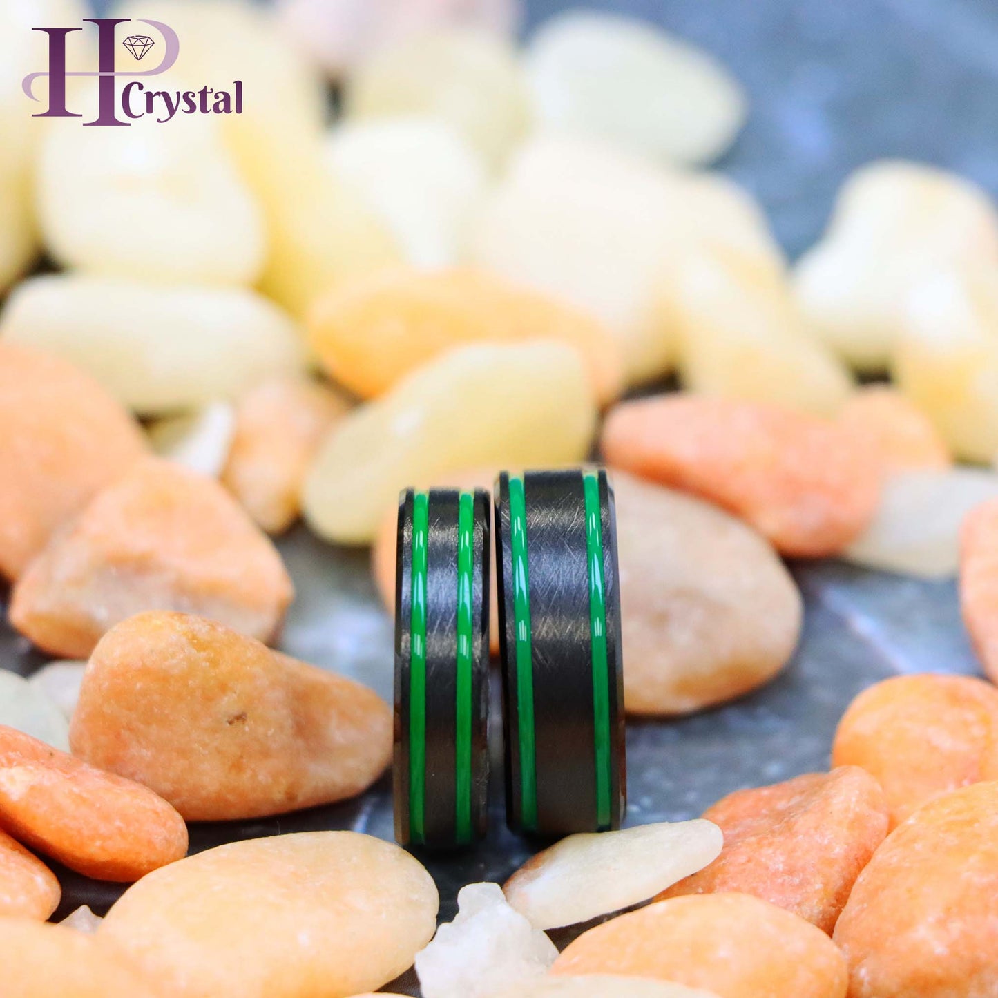 Men’s Black IP Tungsten Ring – Ice Finish with Two Green Lines, Modern Design