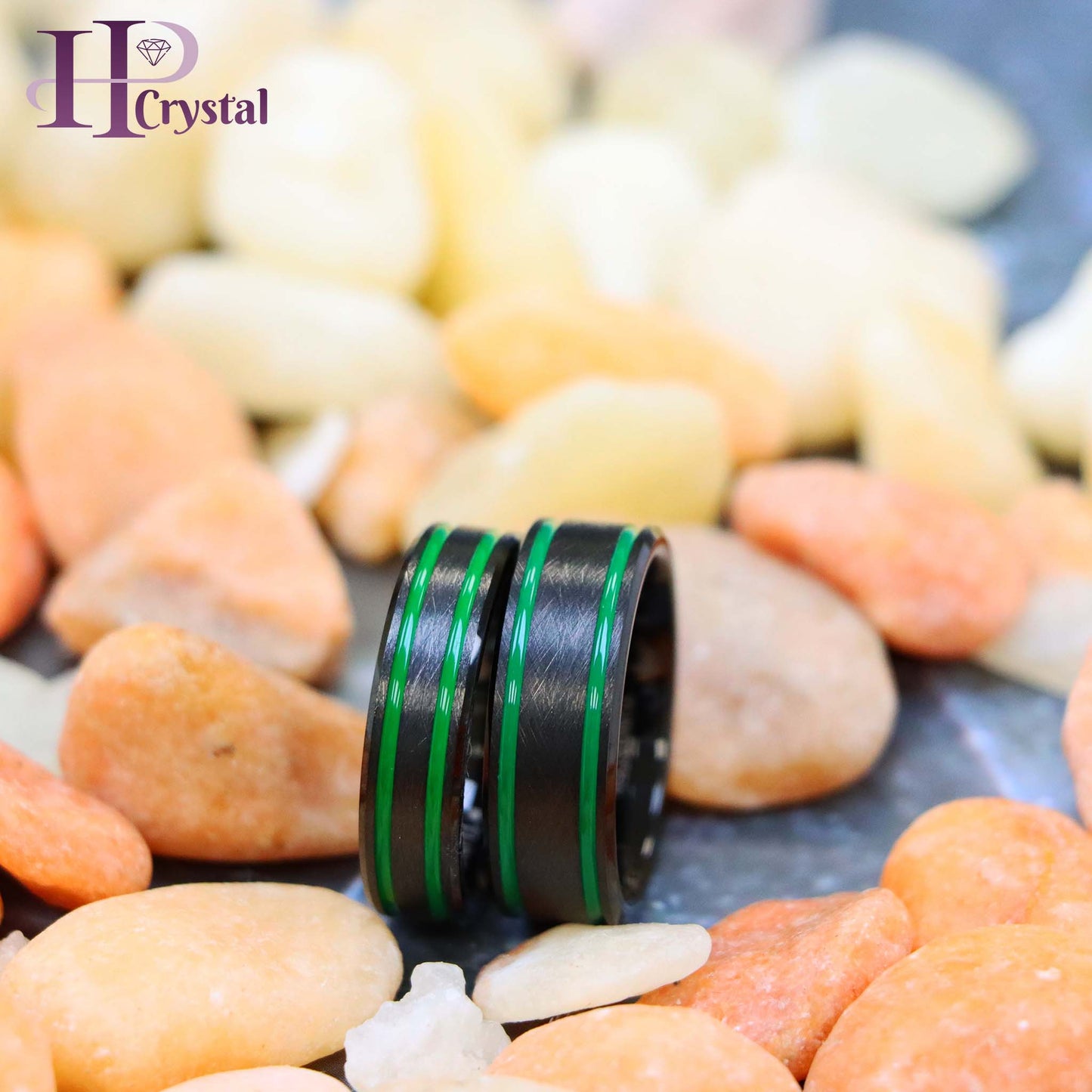 Men’s Black IP Tungsten Ring – Ice Finish with Two Green Lines, Modern Design
