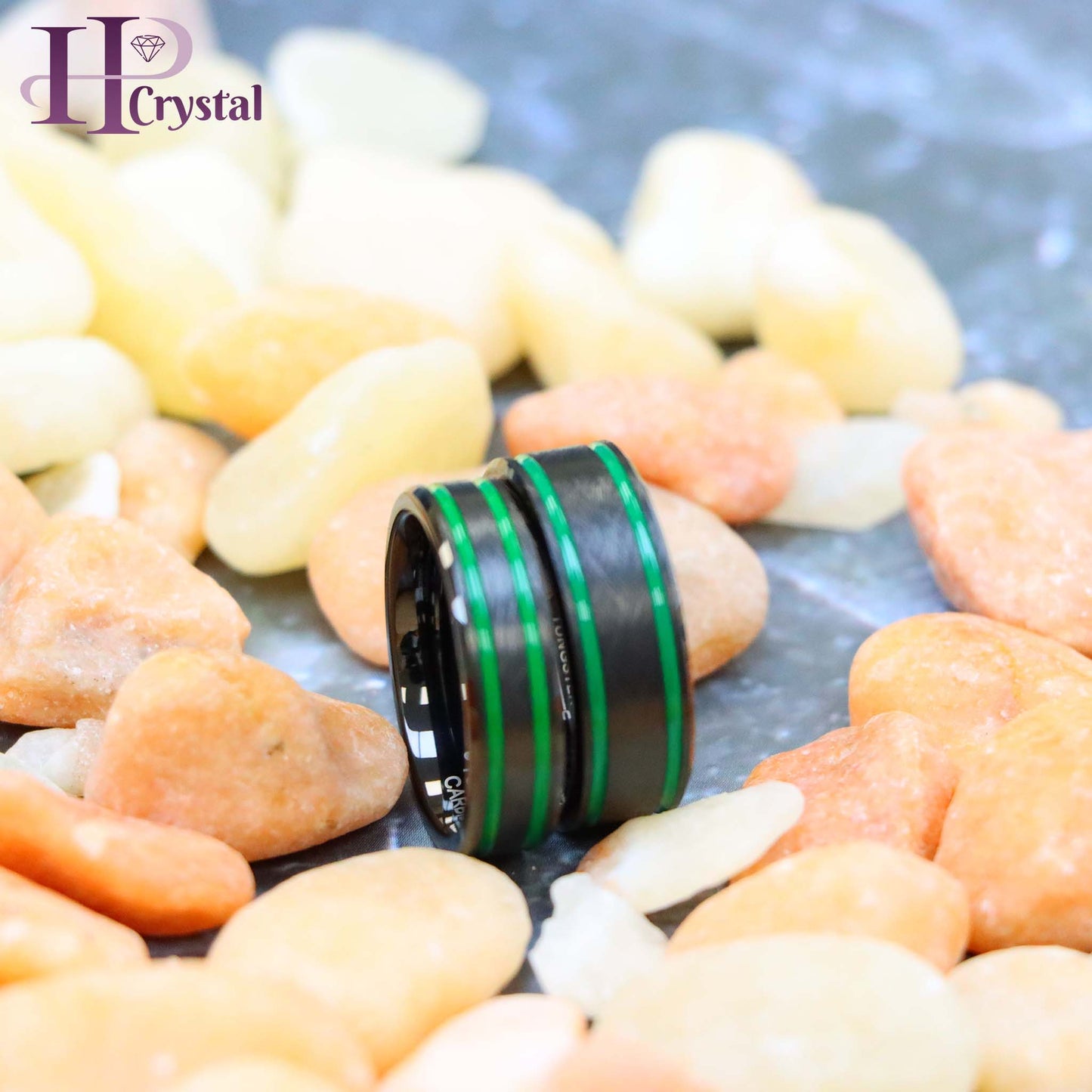 Men’s Black IP Tungsten Ring – Ice Finish with Two Green Lines, Modern Design