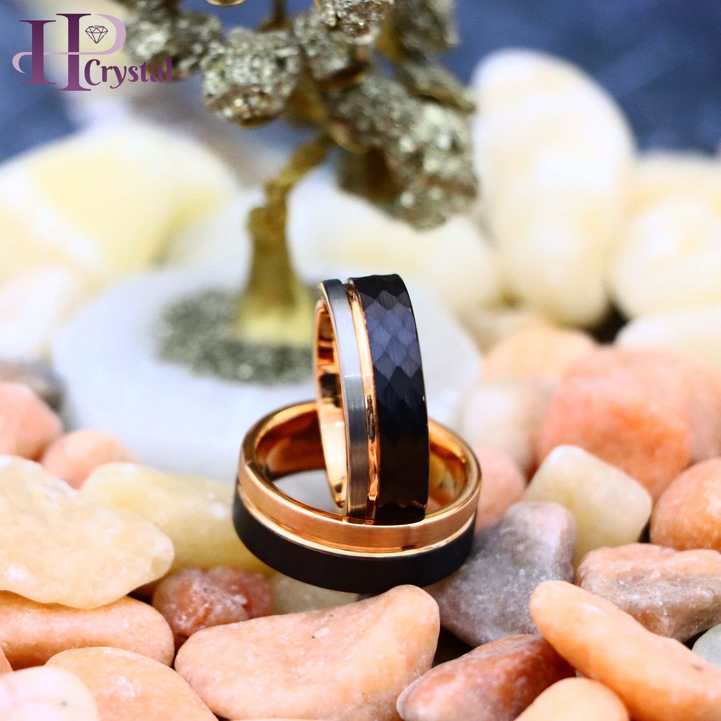 Three-tone Natural, Rose Gold & Hammered Black IP Plated Groove Tungsten Ring Two-tone Rose & Black IP Split Pipe-cut Tungsten Ring
