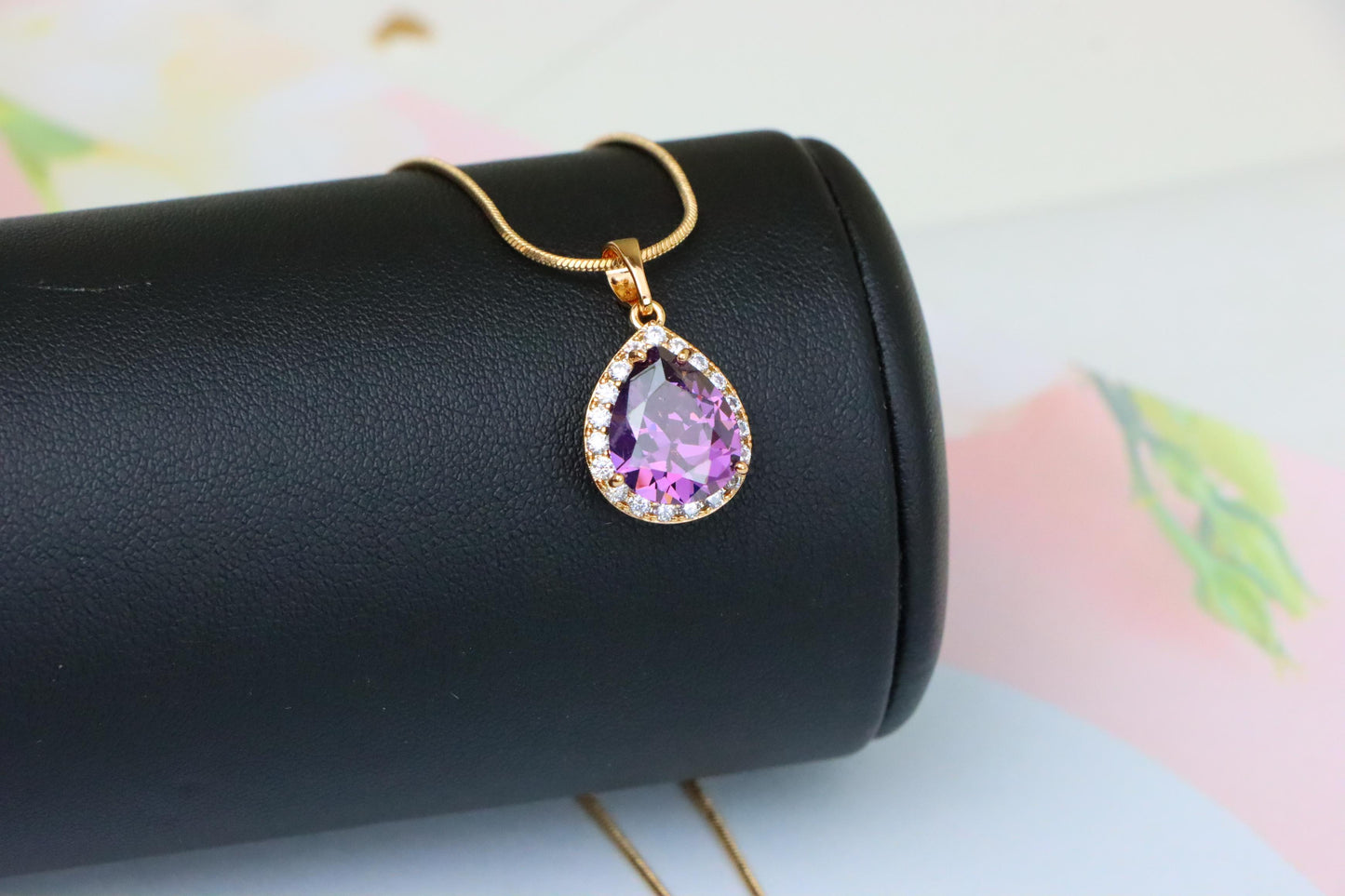 Teardrop Purple Pendant with Crystal Halo in Elegant Rose Gold Finish, XPPT1615 (2148-6)