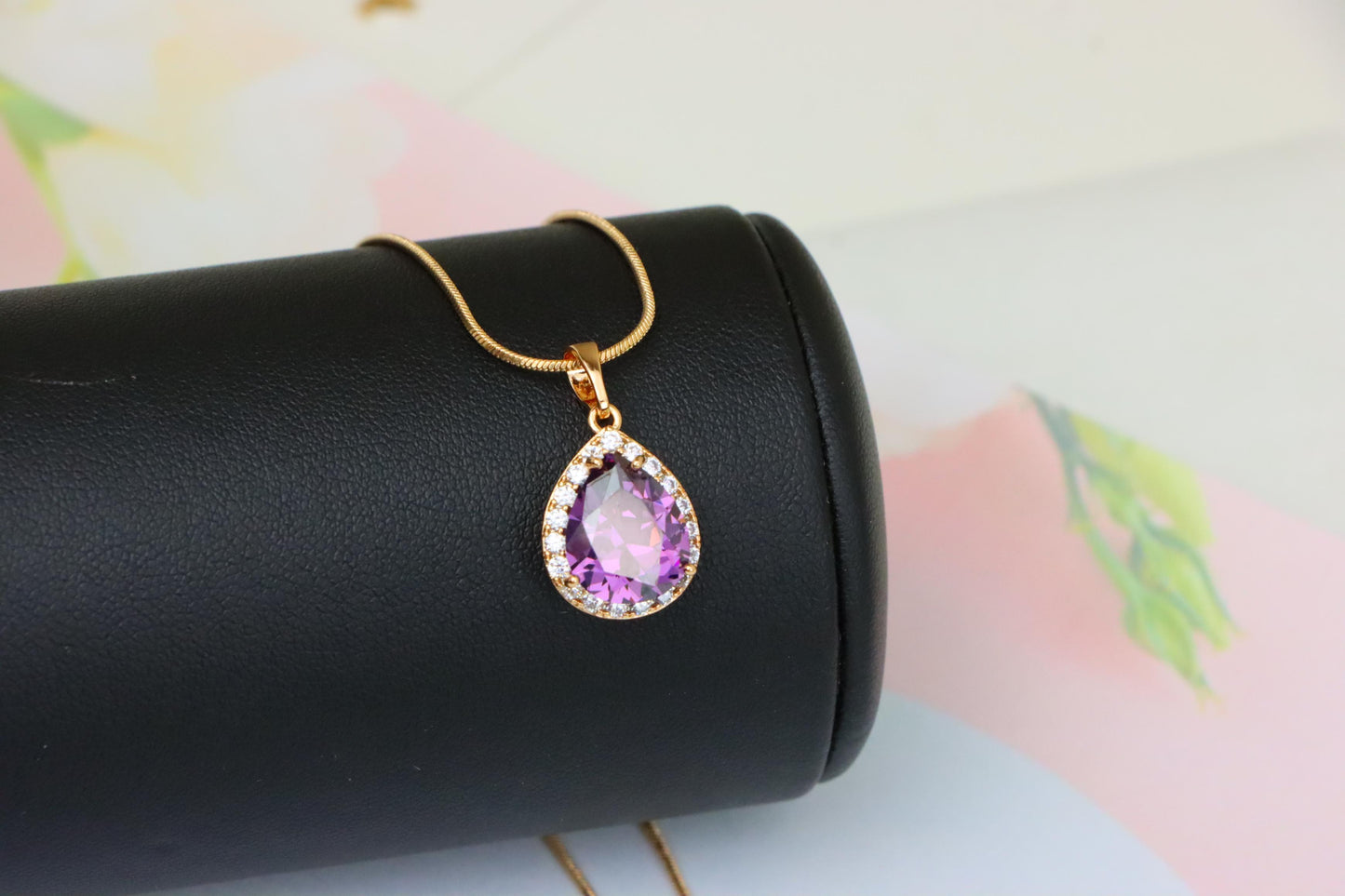 Teardrop Purple Pendant with Crystal Halo in Elegant Rose Gold Finish, XPPT1615 (2148-6)