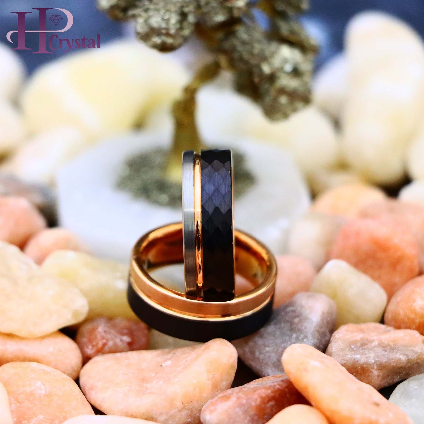 Three-tone Natural, Rose Gold & Hammered Black IP Plated Groove Tungsten Ring Two-tone Rose & Black IP Split Pipe-cut Tungsten Ring