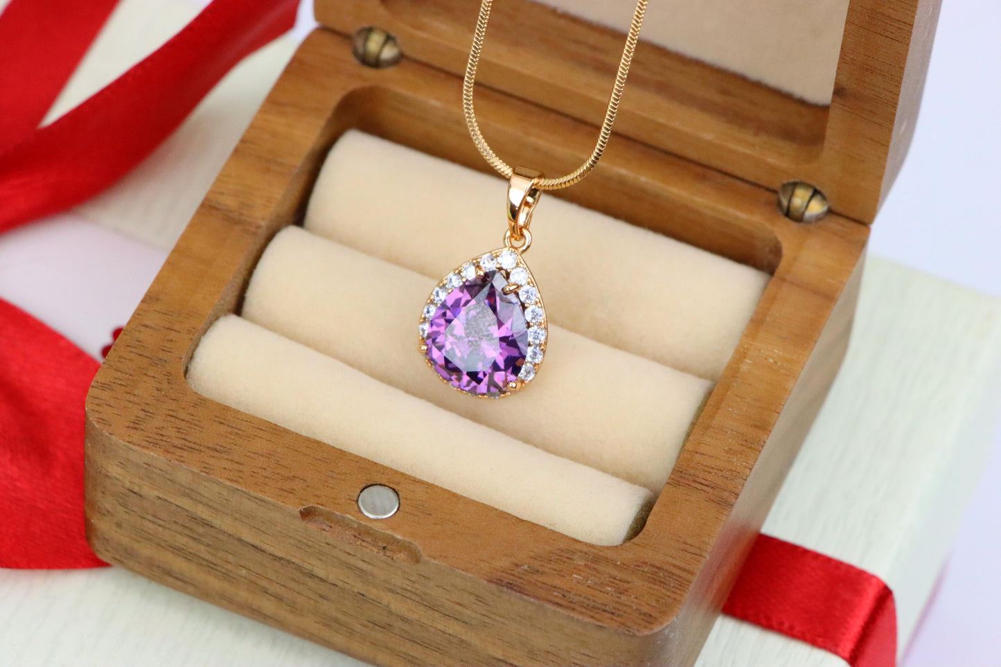Teardrop Purple Pendant with Crystal Halo in Elegant Rose Gold Finish, XPPT1615 (2148-6)