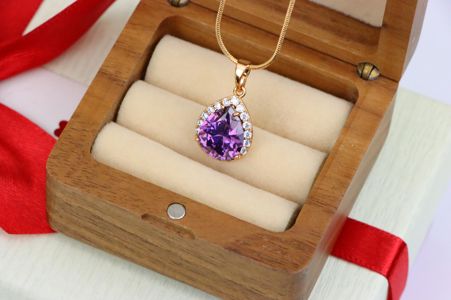 Teardrop Purple Pendant with Crystal Halo in Elegant Rose Gold Finish, XPPT1615 (2148-6)