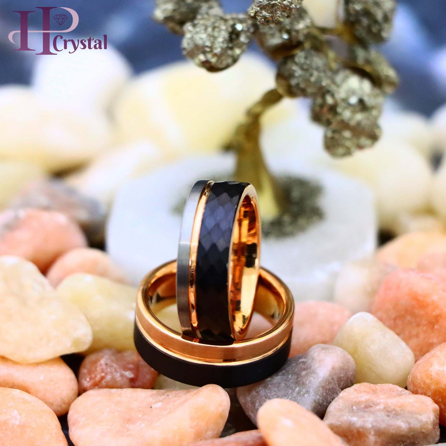 Three-tone Natural, Rose Gold & Hammered Black IP Plated Groove Tungsten Ring Two-tone Rose & Black IP Split Pipe-cut Tungsten Ring