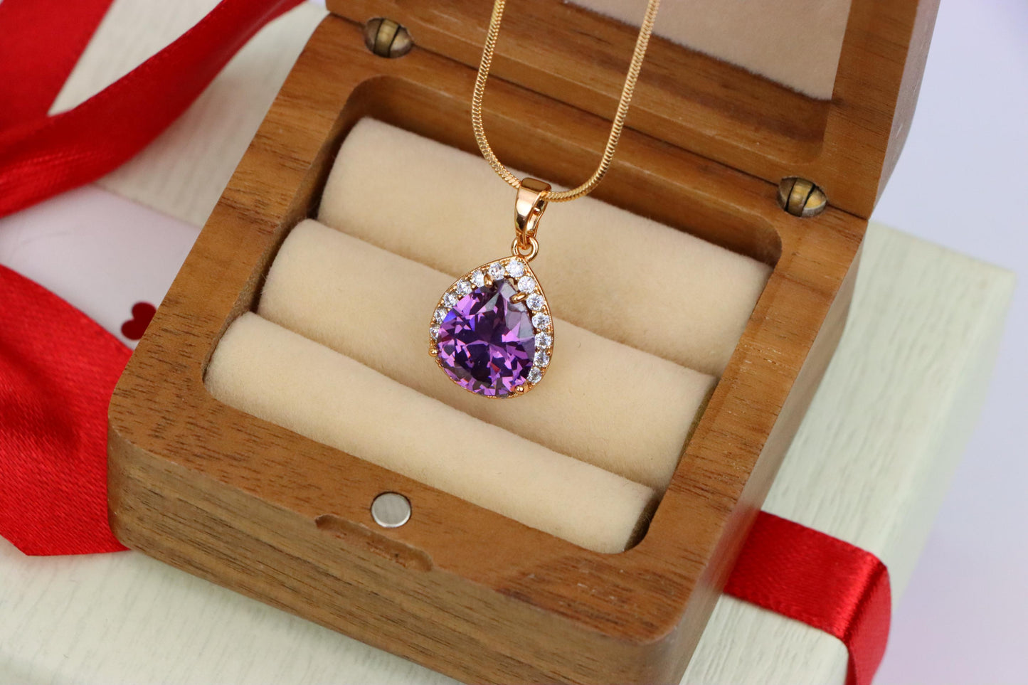 Teardrop Purple Pendant with Crystal Halo in Elegant Rose Gold Finish, XPPT1615 (2148-6)
