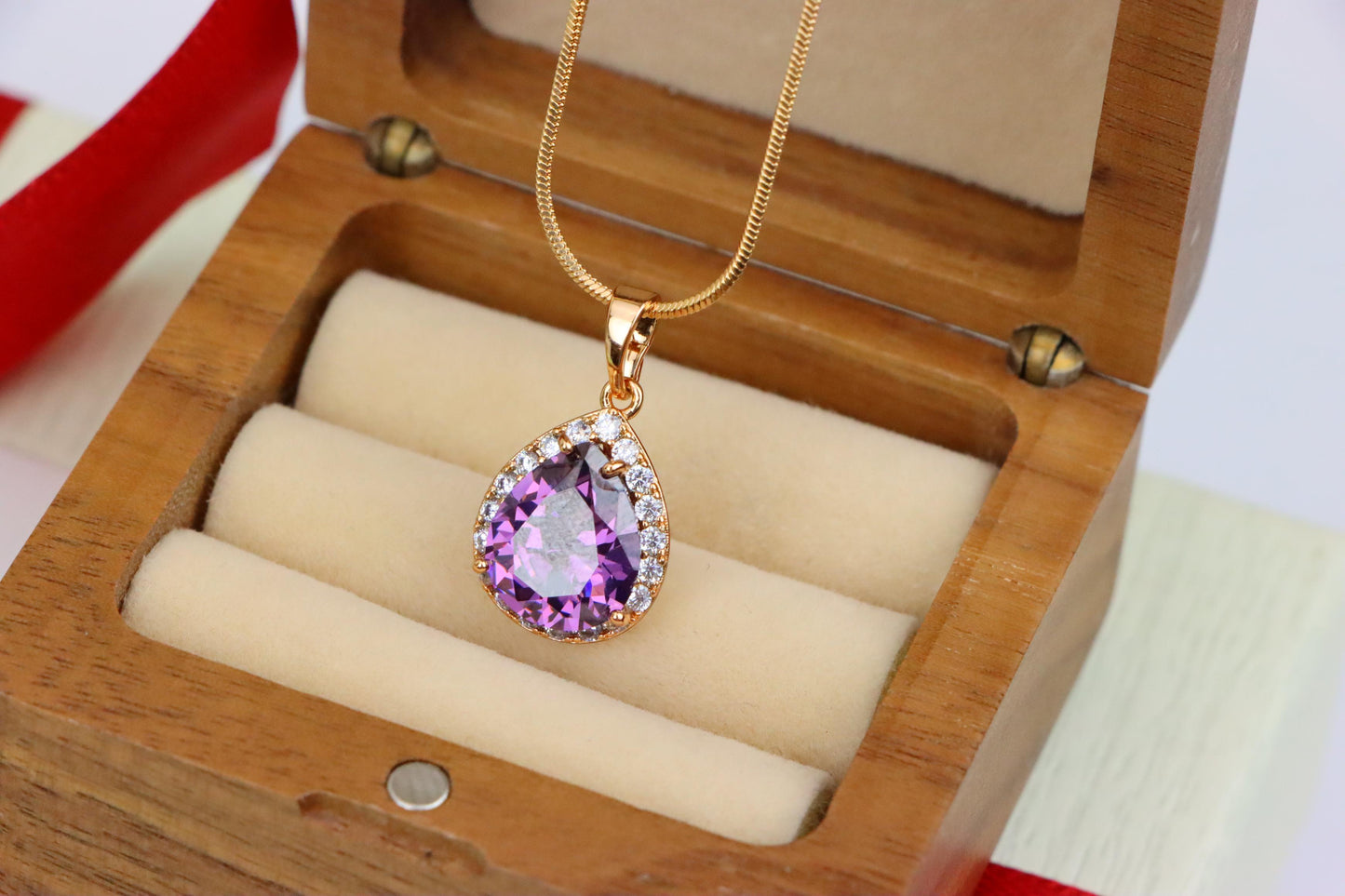 Teardrop Purple Pendant with Crystal Halo in Elegant Rose Gold Finish, XPPT1615 (2148-6)