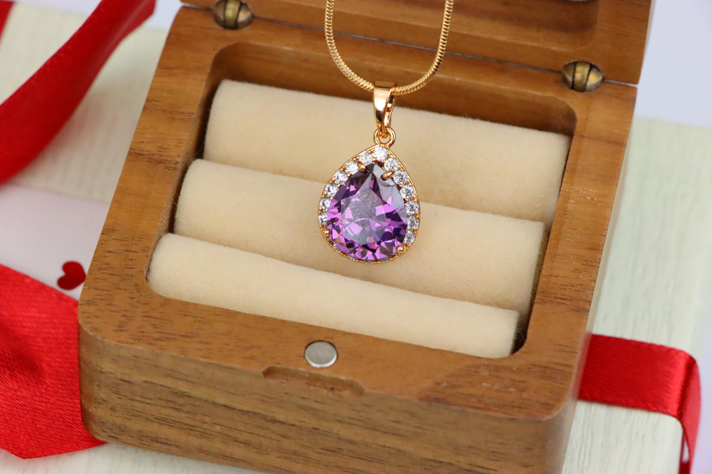 Teardrop Purple Pendant with Crystal Halo in Elegant Rose Gold Finish, XPPT1615 (2148-6)