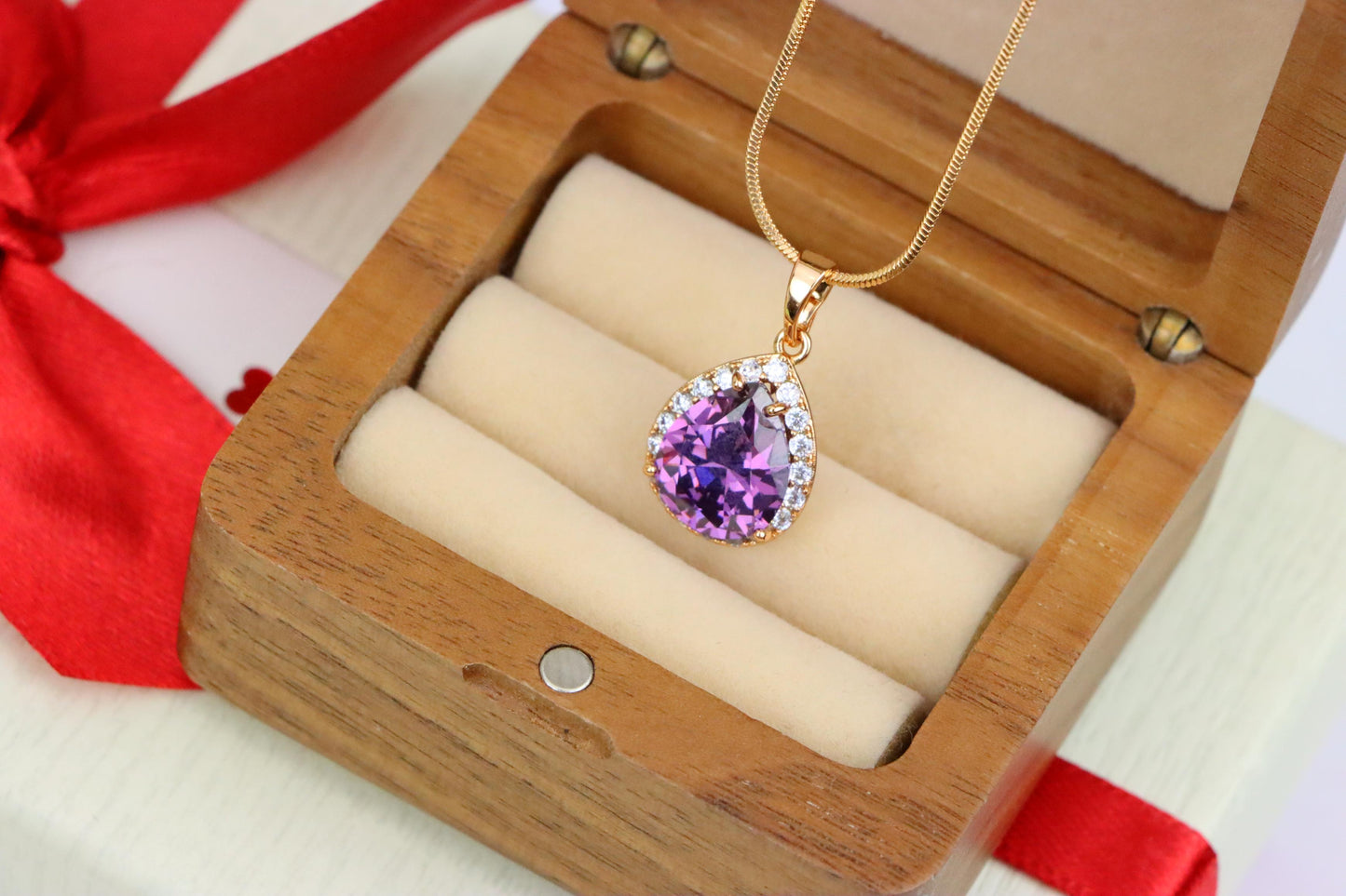 Teardrop Purple Pendant with Crystal Halo in Elegant Rose Gold Finish, XPPT1615 (2148-6)