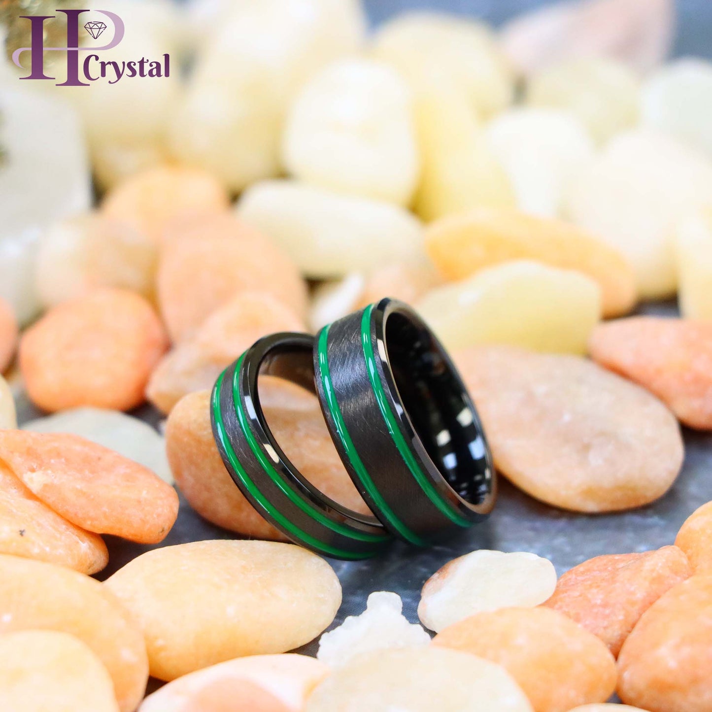 Men’s Black IP Tungsten Ring – Ice Finish with Two Green Lines, Modern Design