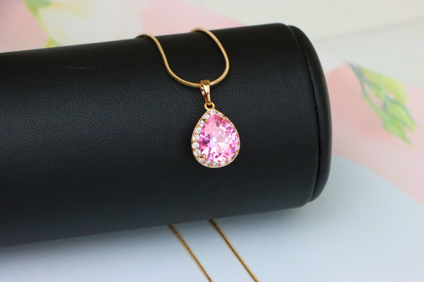 Teardrop Pink Pendant with White Crystal Halo in Rose Gold Setting, XPPT1616 (2148-6)