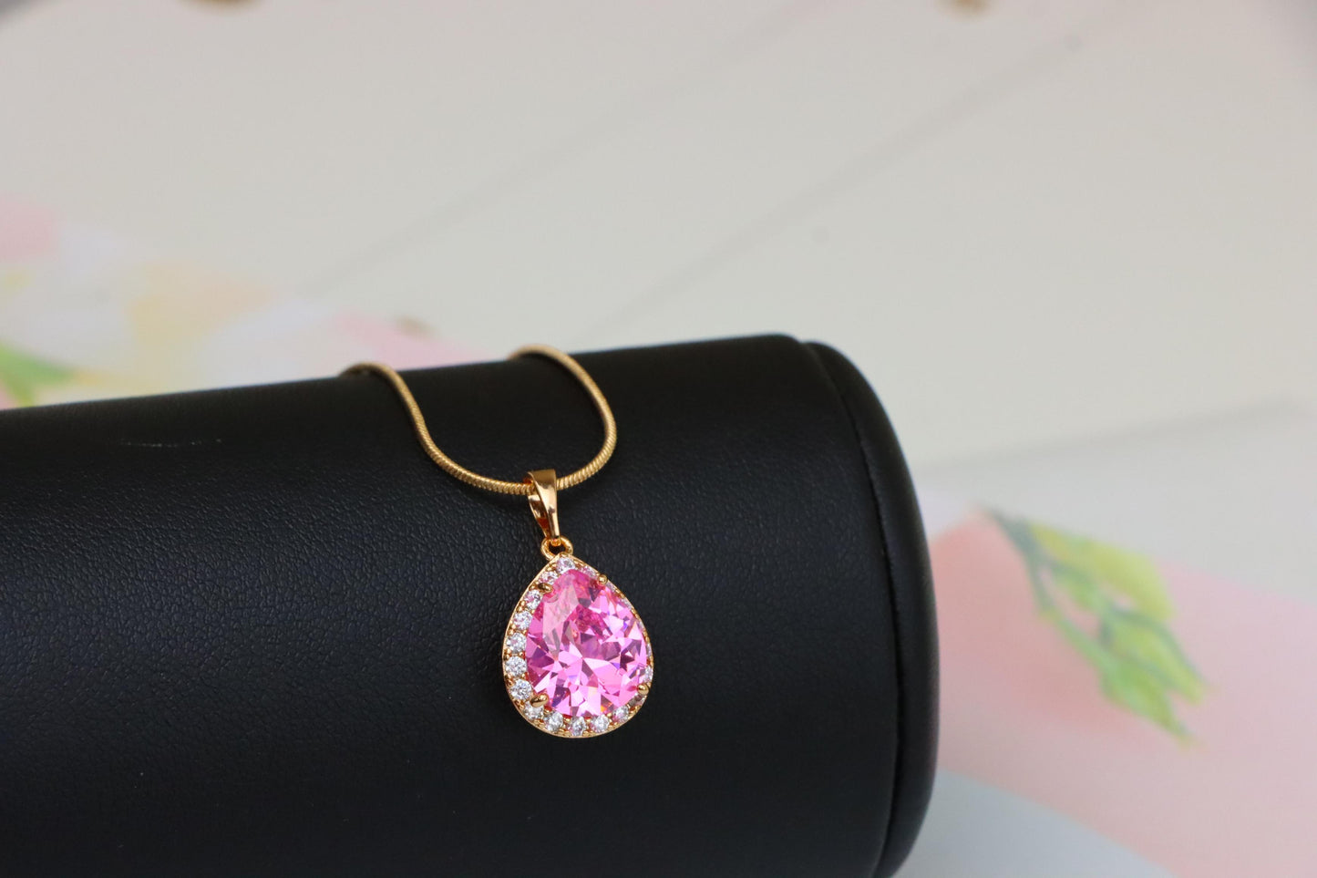 Teardrop Pink Pendant with White Crystal Halo in Rose Gold Setting, XPPT1616 (2148-6)
