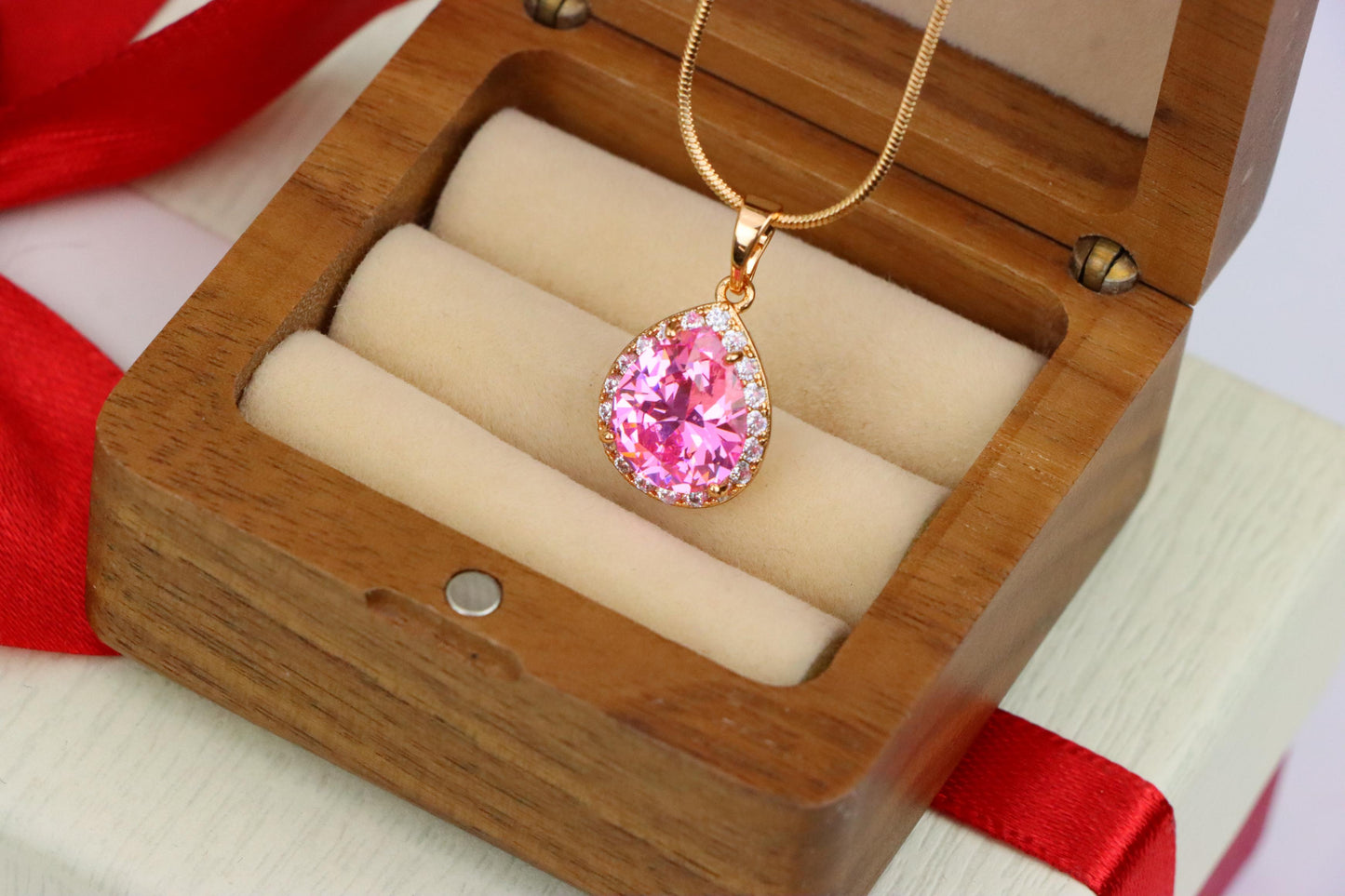 Teardrop Pink Pendant with White Crystal Halo in Rose Gold Setting, XPPT1616 (2148-6)