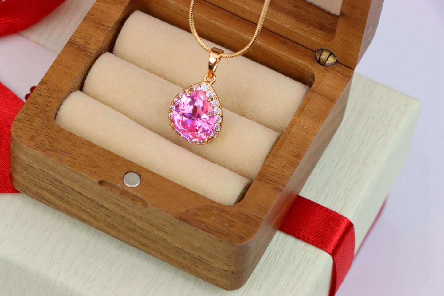 Teardrop Pink Pendant with White Crystal Halo in Rose Gold Setting, XPPT1616 (2148-6)