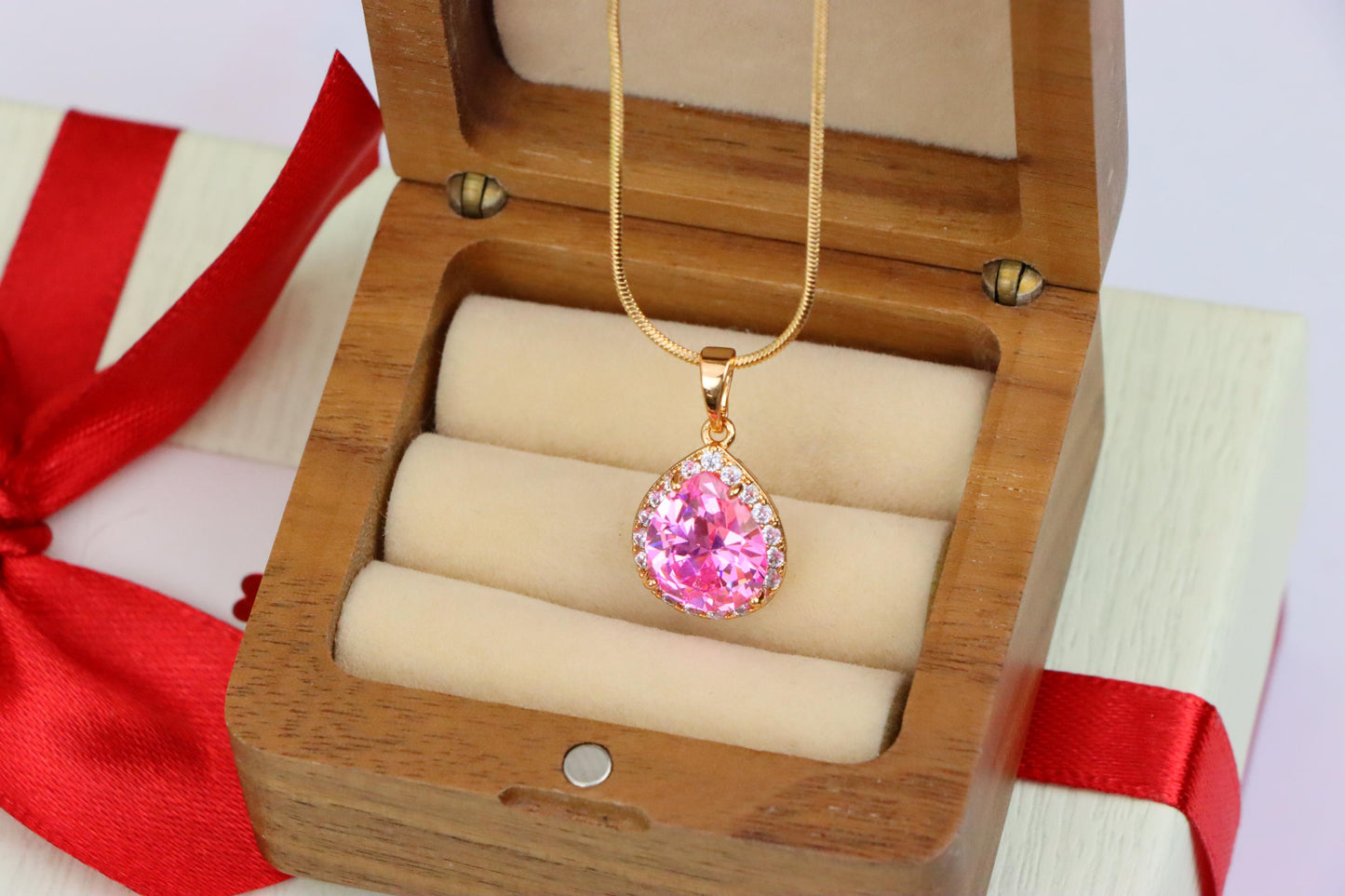 Teardrop Pink Pendant with White Crystal Halo in Rose Gold Setting, XPPT1616 (2148-6)