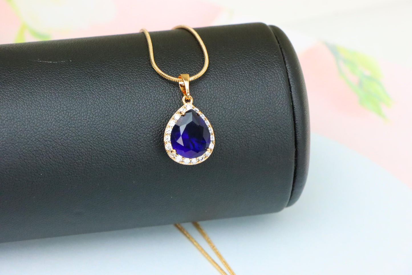 Teardrop Deep Blue Pendant with Crystal Halo in Rose Gold Finish, XPPT1617 (2148-6)