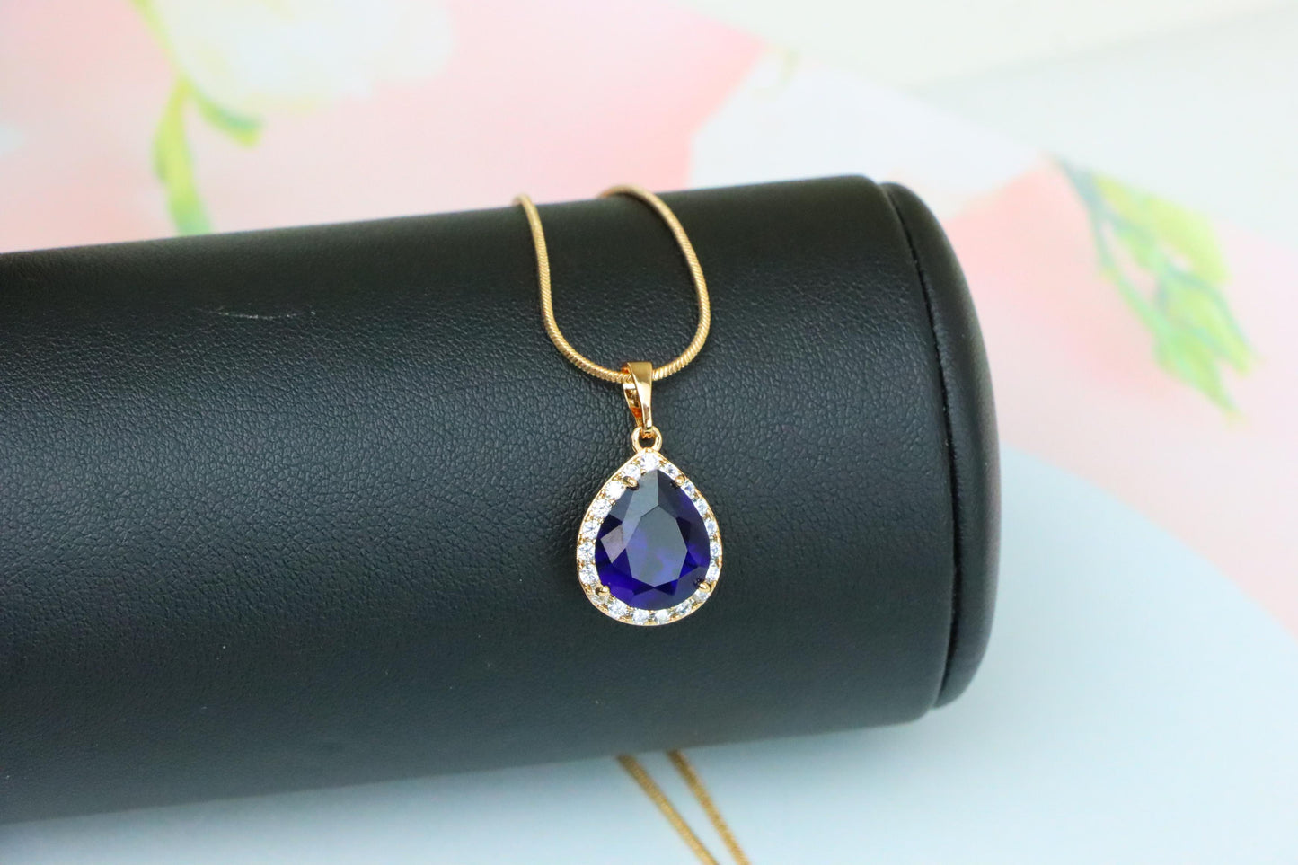 Teardrop Deep Blue Pendant with Crystal Halo in Rose Gold Finish, XPPT1617 (2148-6)