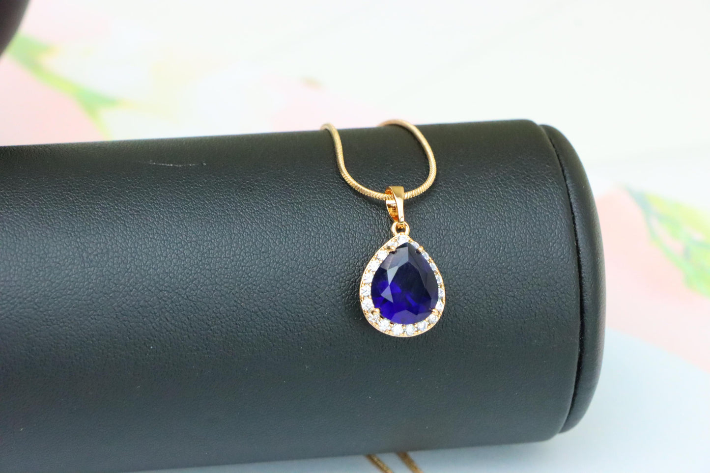 Teardrop Deep Blue Pendant with Crystal Halo in Rose Gold Finish, XPPT1617 (2148-6)