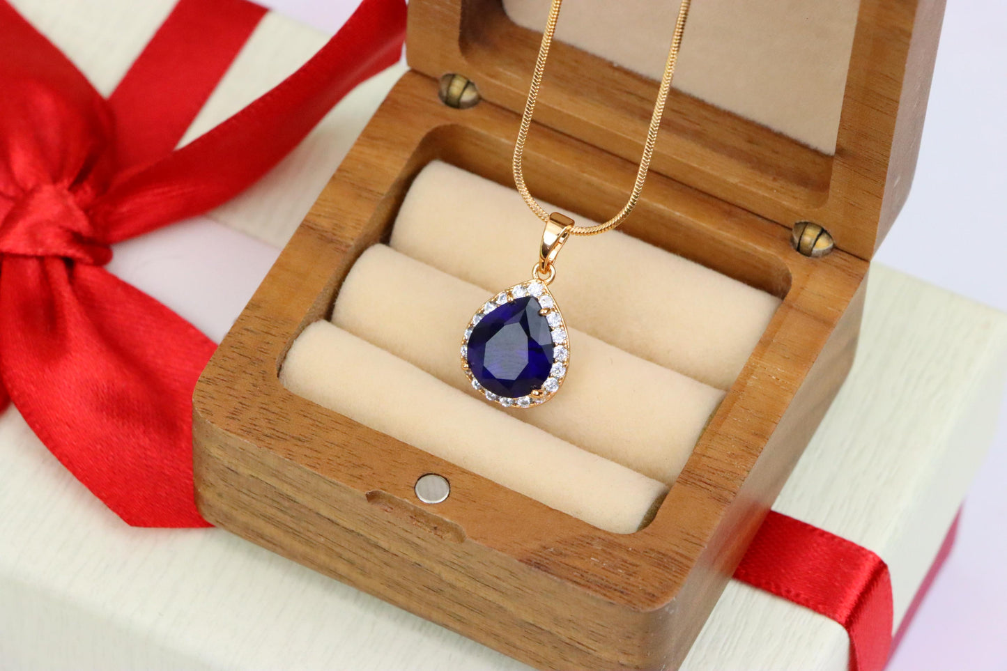 Teardrop Deep Blue Pendant with Crystal Halo in Rose Gold Finish, XPPT1617 (2148-6)