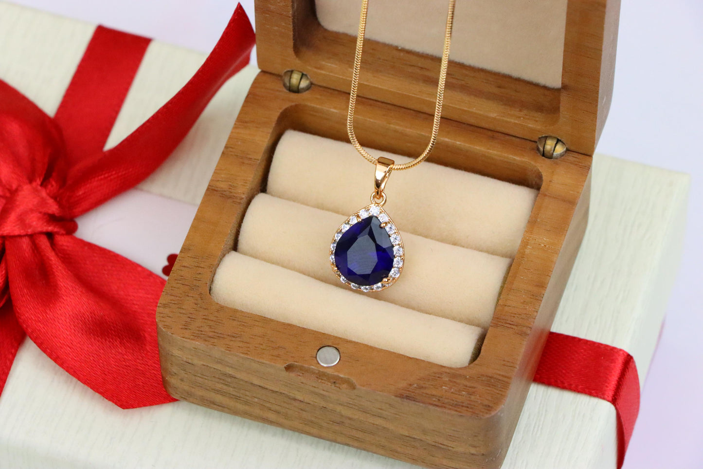 Teardrop Deep Blue Pendant with Crystal Halo in Rose Gold Finish, XPPT1617 (2148-6)