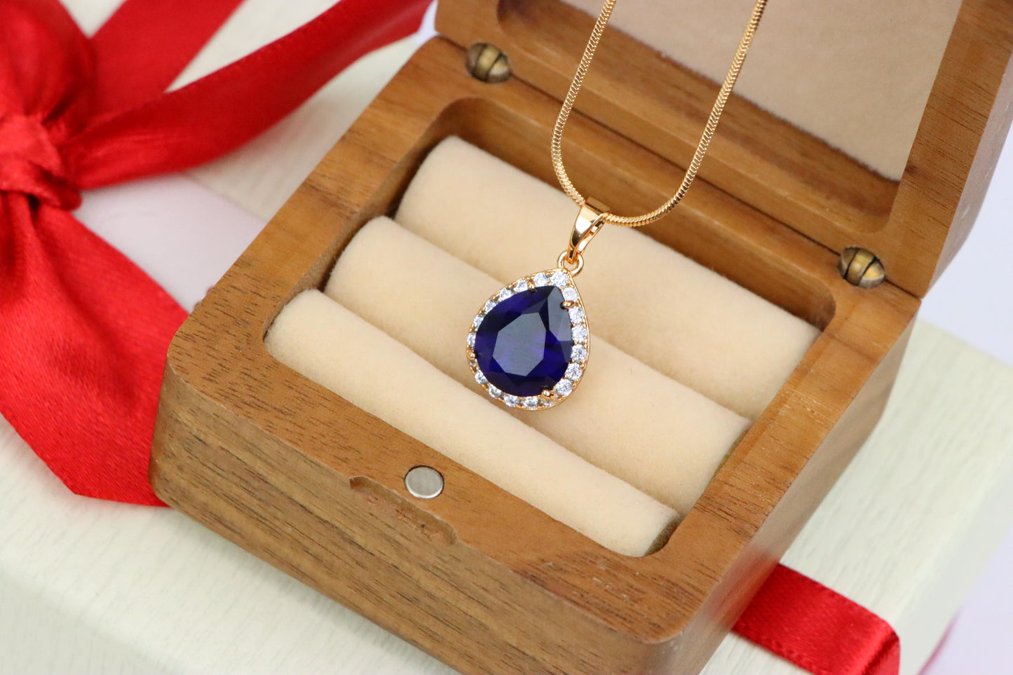 Teardrop Deep Blue Pendant with Crystal Halo in Rose Gold Finish, XPPT1617 (2148-6)