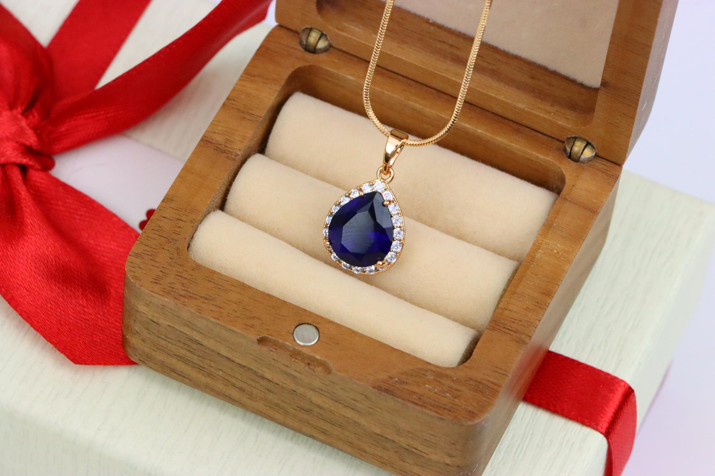 Teardrop Deep Blue Pendant with Crystal Halo in Rose Gold Finish, XPPT1617 (2148-6)