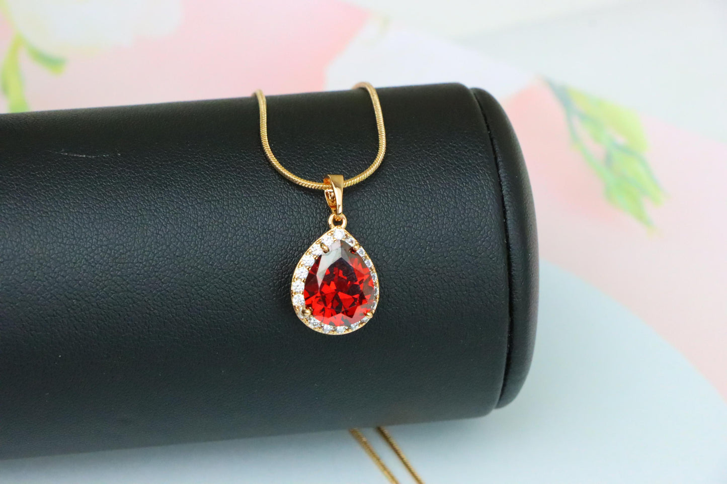 Teardrop Red Pendant with Crystal Border in Elegant Rose Gold Setting, XPPT1618 (2148-6)