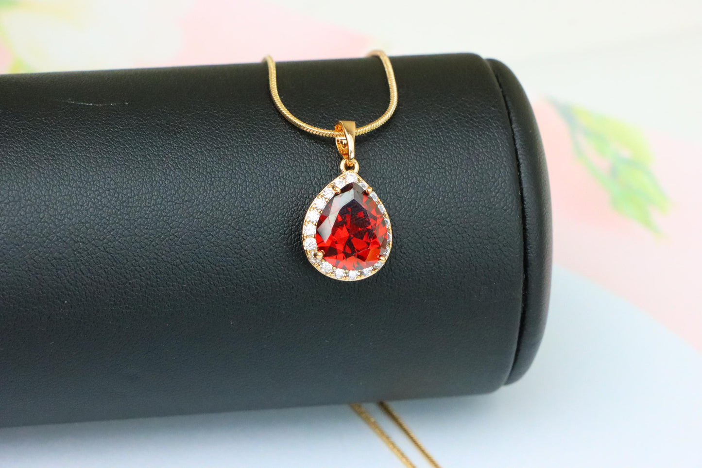 Teardrop Red Pendant with Crystal Border in Elegant Rose Gold Setting, XPPT1618 (2148-6)