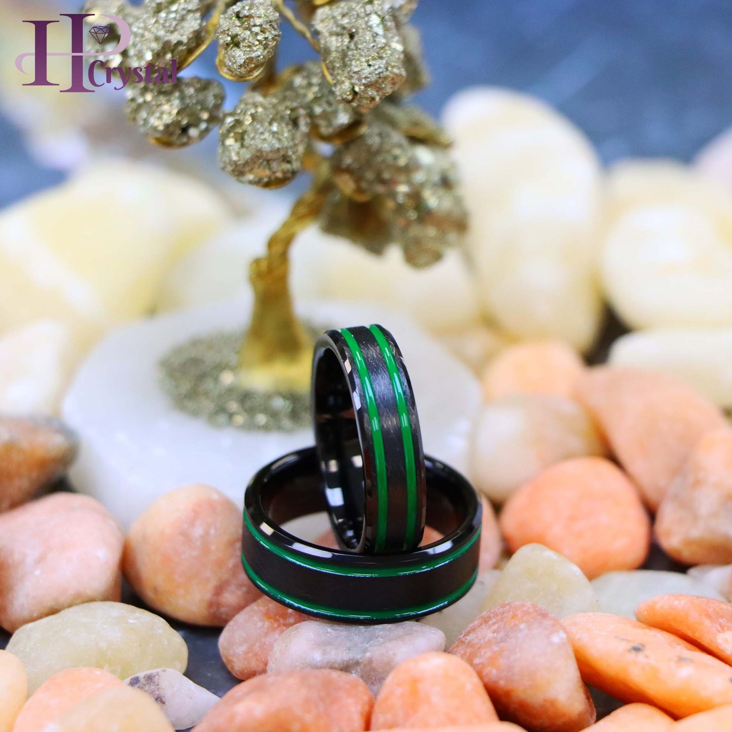 Men’s Black IP Tungsten Ring – Ice Finish with Two Green Lines, Modern Design