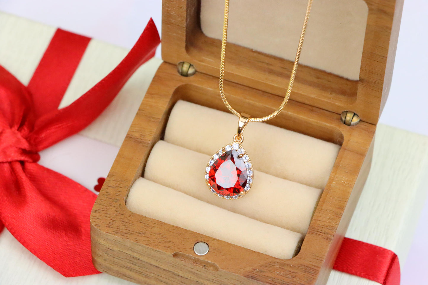Teardrop Red Pendant with Crystal Border in Elegant Rose Gold Setting, XPPT1618 (2148-6)