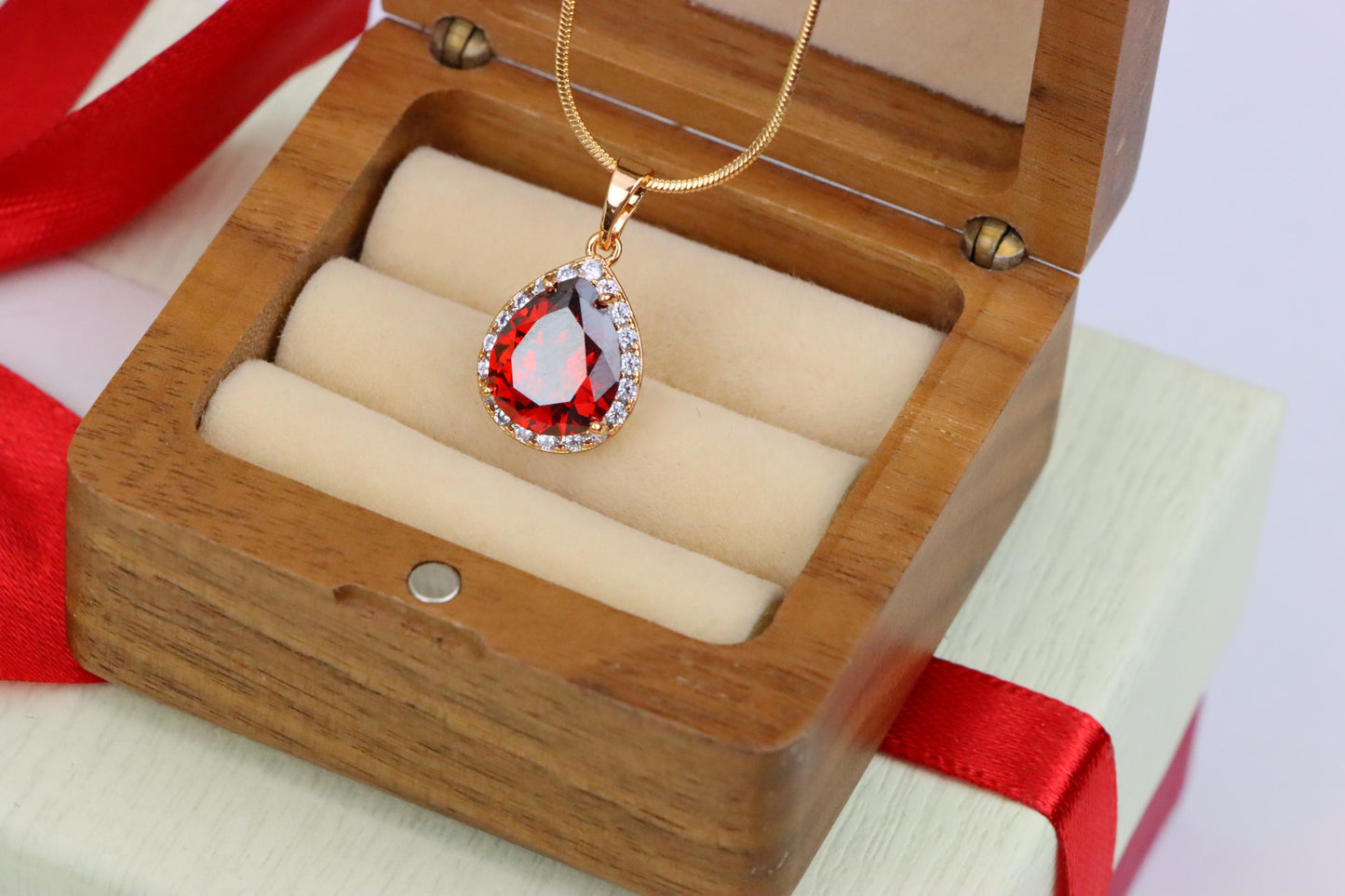 Teardrop Red Pendant with Crystal Border in Elegant Rose Gold Setting, XPPT1618 (2148-6)