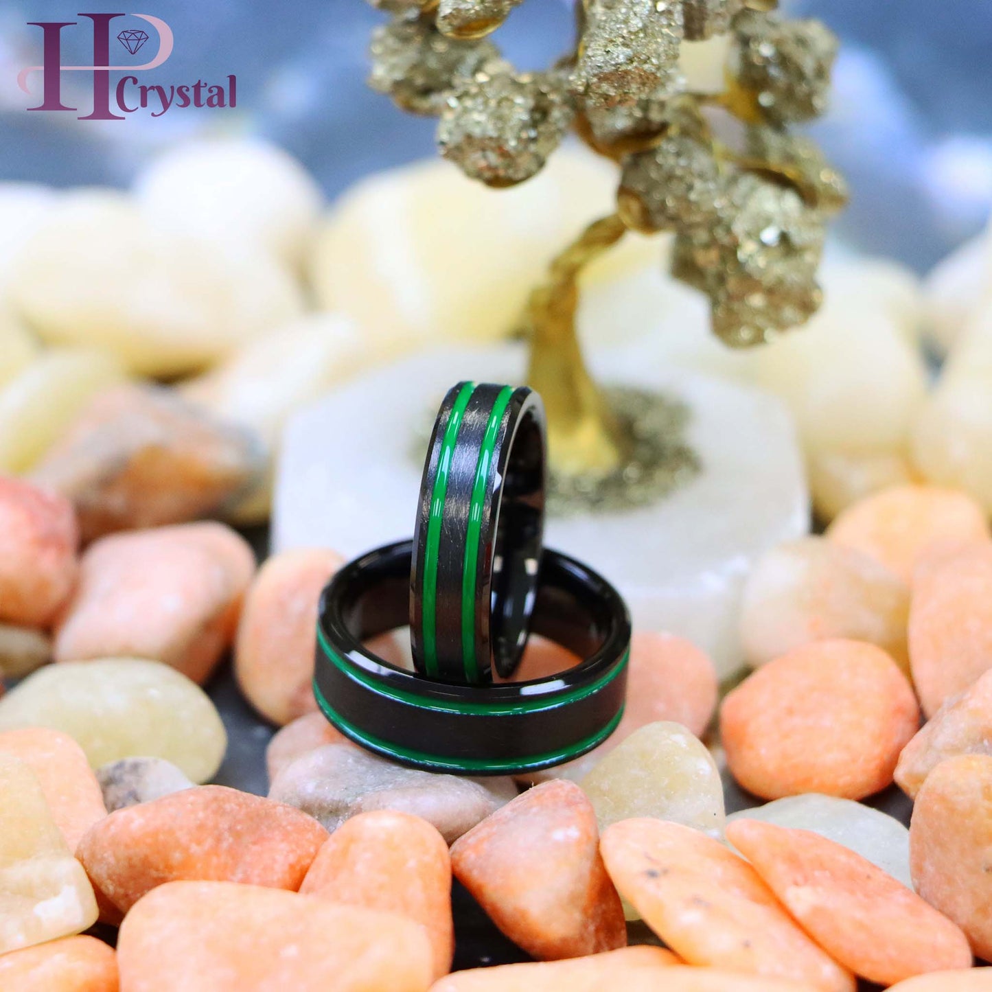 Men’s Black IP Tungsten Ring – Ice Finish with Two Green Lines, Modern Design