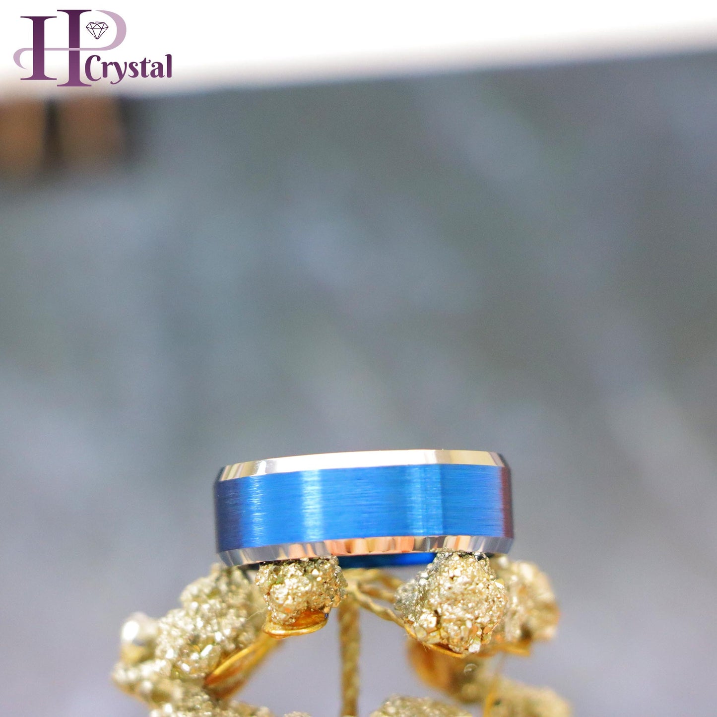 Blue IP Brushed Center High Polish Beveled Edge Tungsten Ring