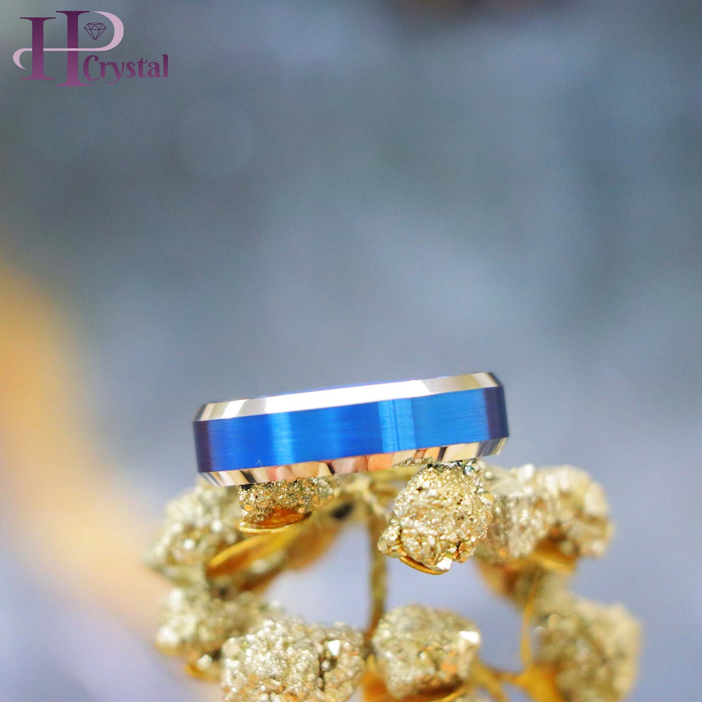 Blue IP Brushed Center High Polish Beveled Edge Tungsten Ring