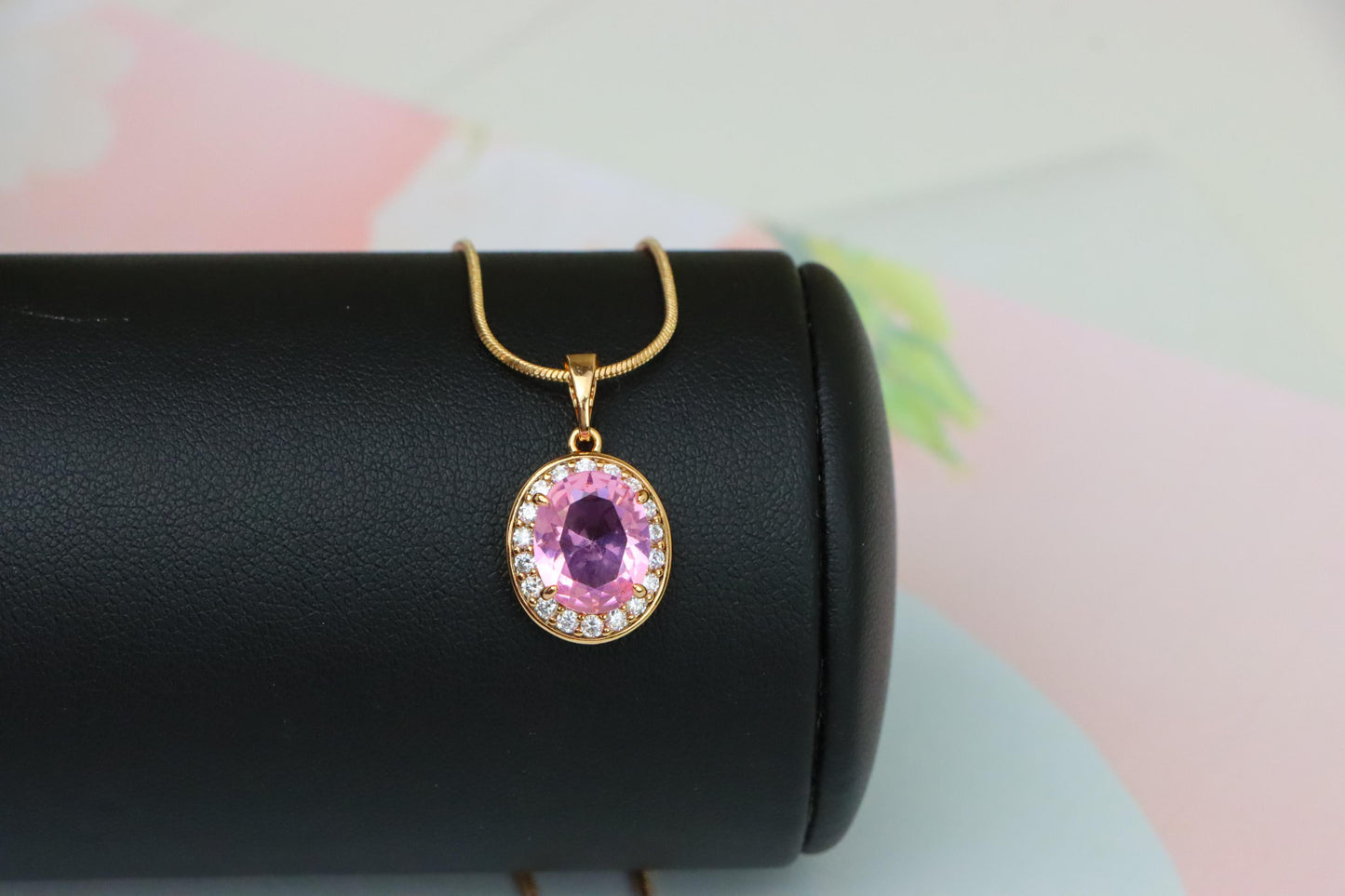 Oval Pink Pendant with Crystal Accents in Rose Gold-Plated Setting, XPPT1620 (2148-8)