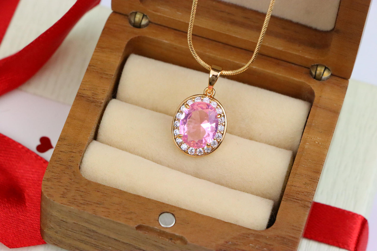 Oval Pink Pendant with Crystal Accents in Rose Gold-Plated Setting, XPPT1620 (2148-8)
