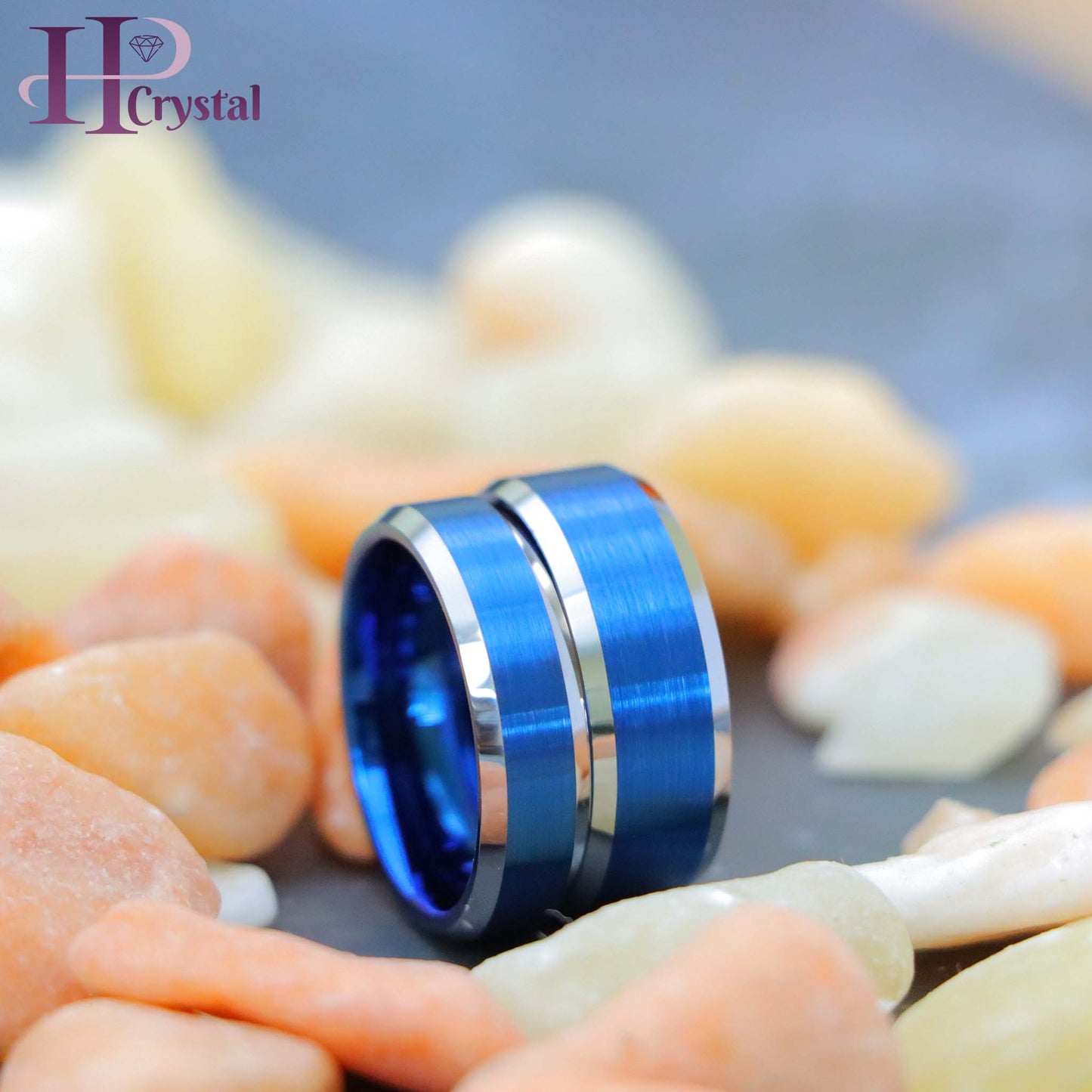 Blue IP Brushed Center High Polish Beveled Edge Tungsten Ring