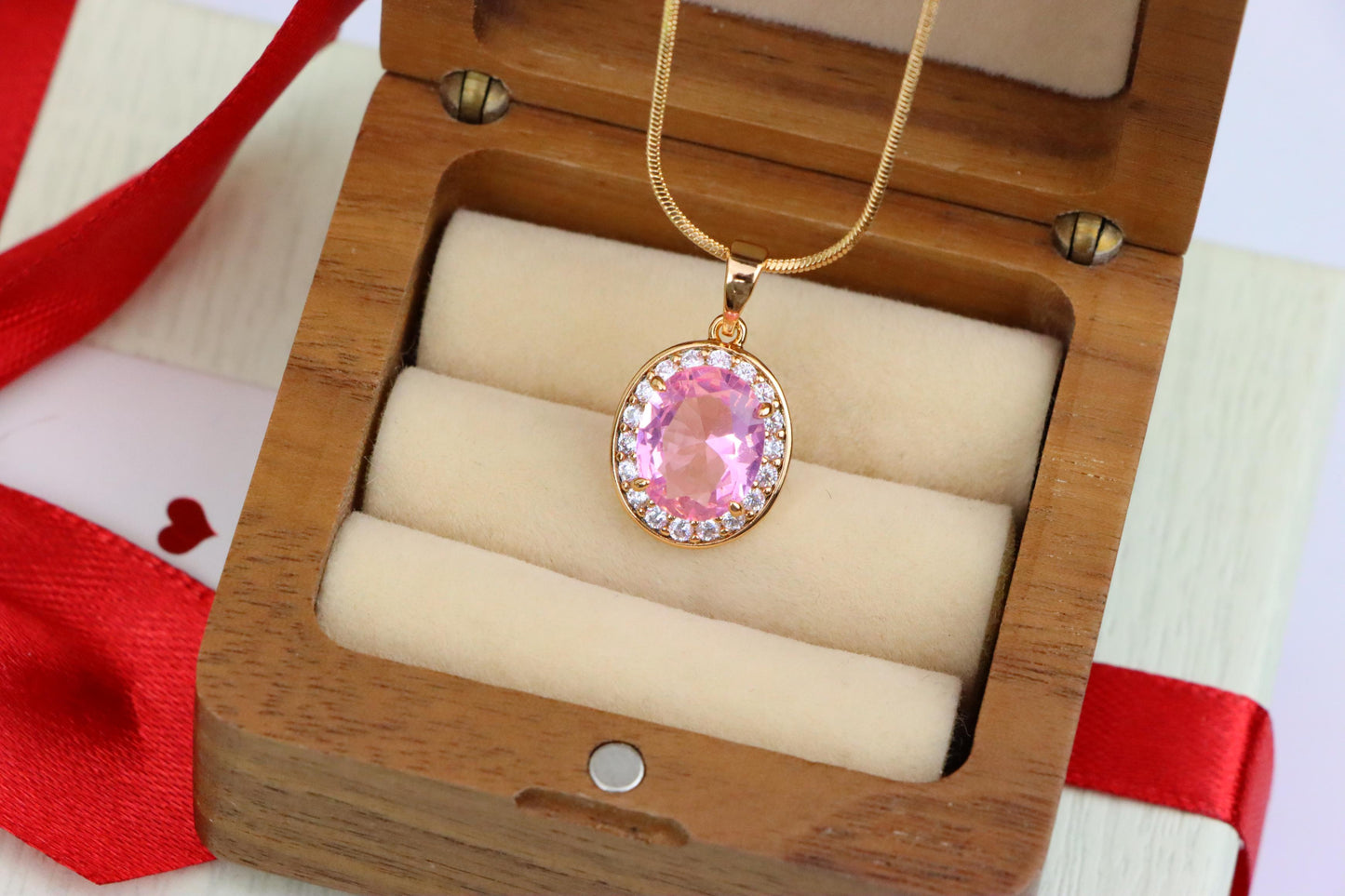Oval Pink Pendant with Crystal Accents in Rose Gold-Plated Setting, XPPT1620 (2148-8)