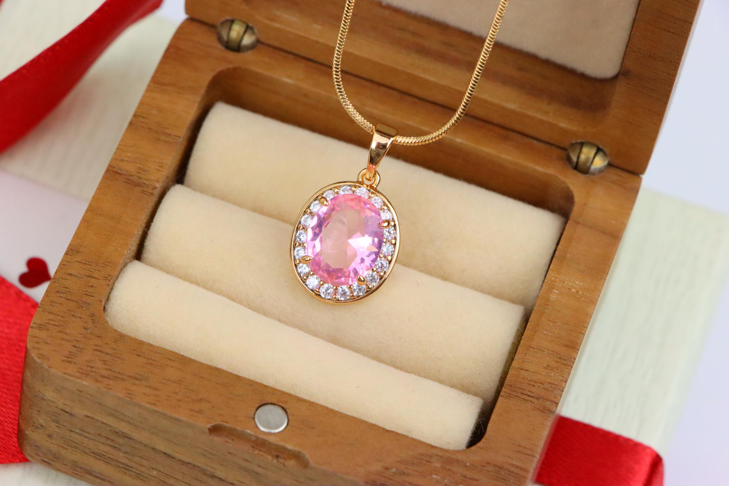 Oval Pink Pendant with Crystal Accents in Rose Gold-Plated Setting, XPPT1620 (2148-8)