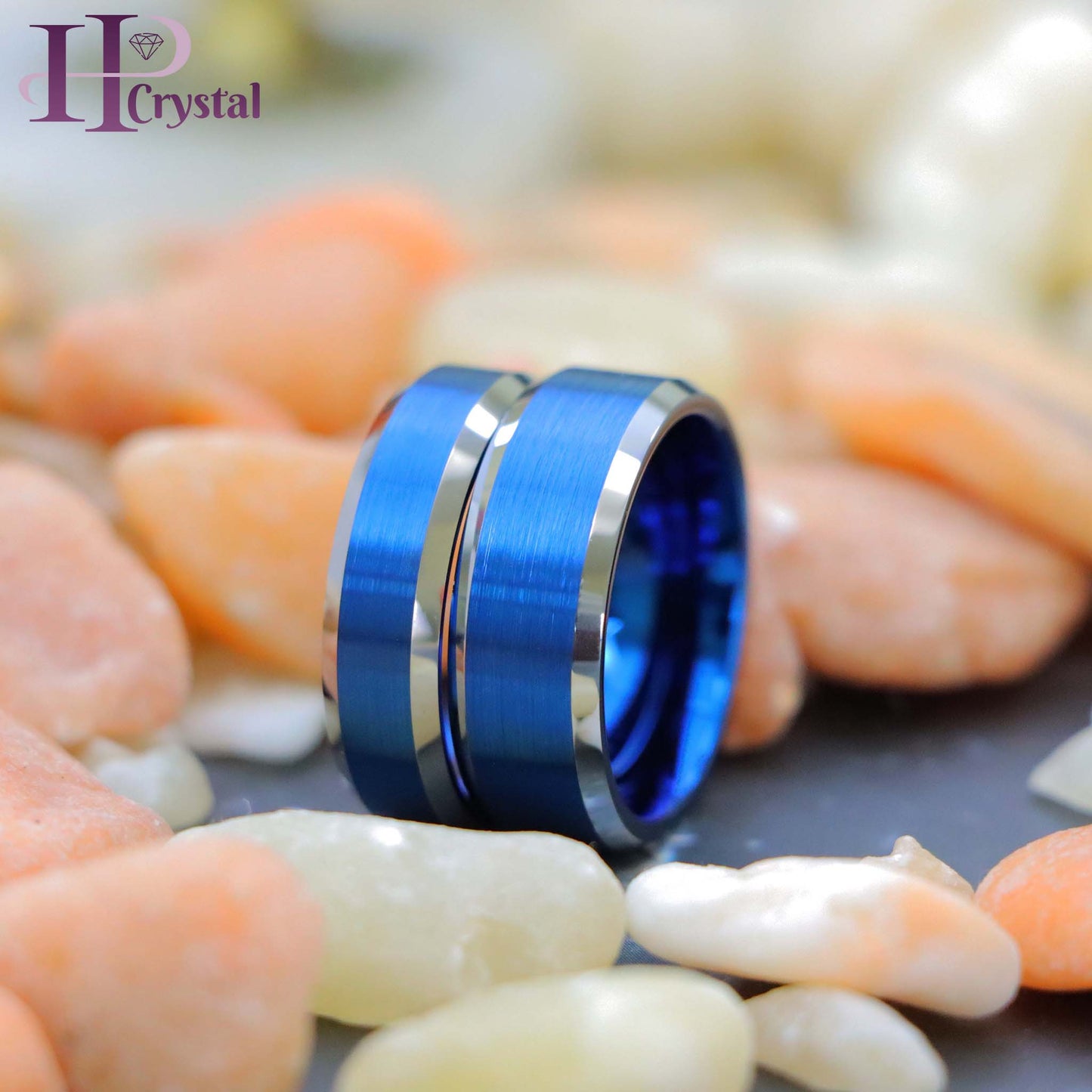 Blue IP Brushed Center High Polish Beveled Edge Tungsten Ring