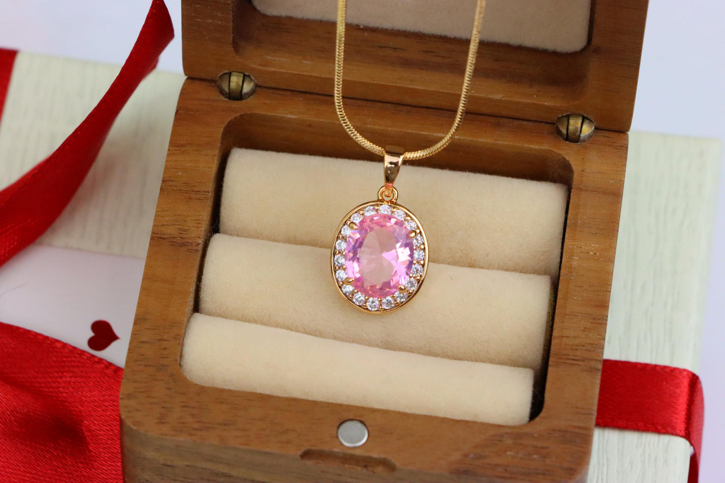 Oval Pink Pendant with Crystal Accents in Rose Gold-Plated Setting, XPPT1620 (2148-8)