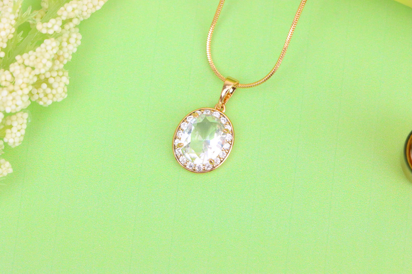 Oval White Pendant with Crystal Halo in Elegant Rose Gold Plating, XPPT1621 (2148-8)