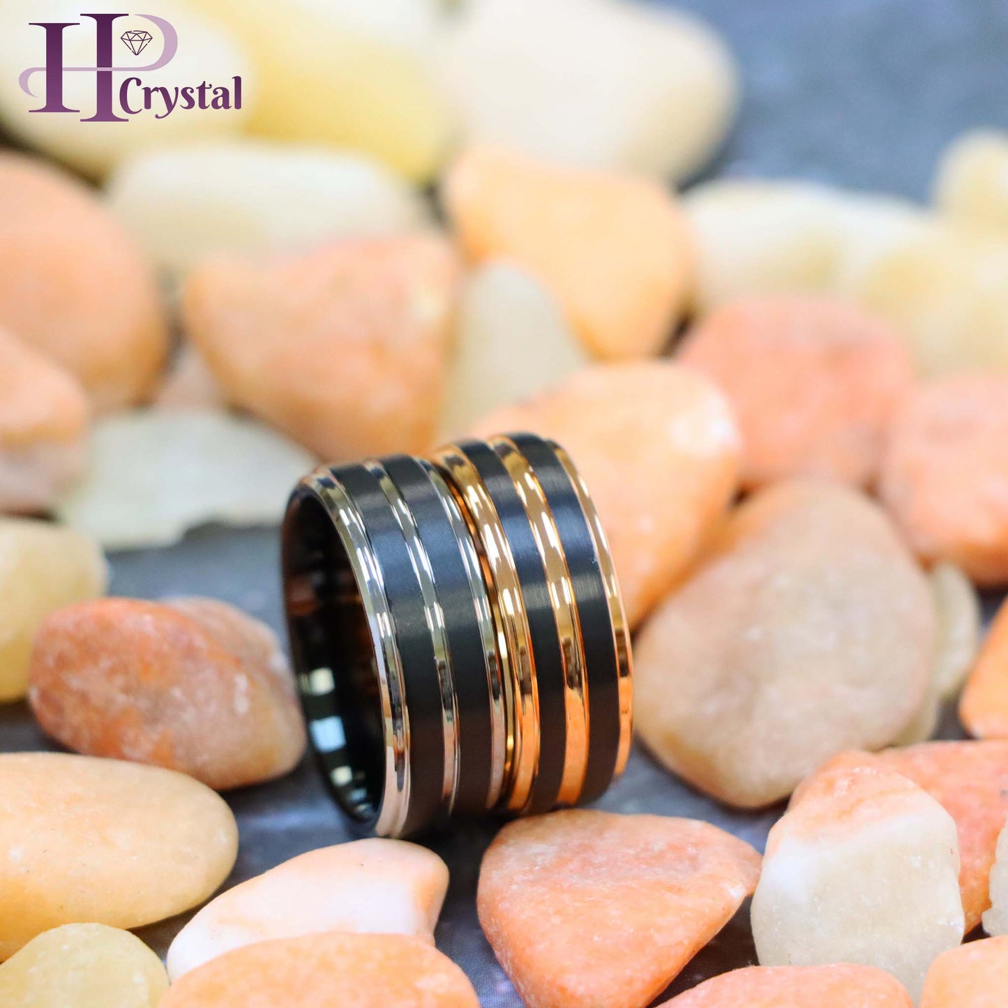 Pinstripe Black/Rose Gold & Gun Metal IP Plated Beveled Edge Tungsten Ring