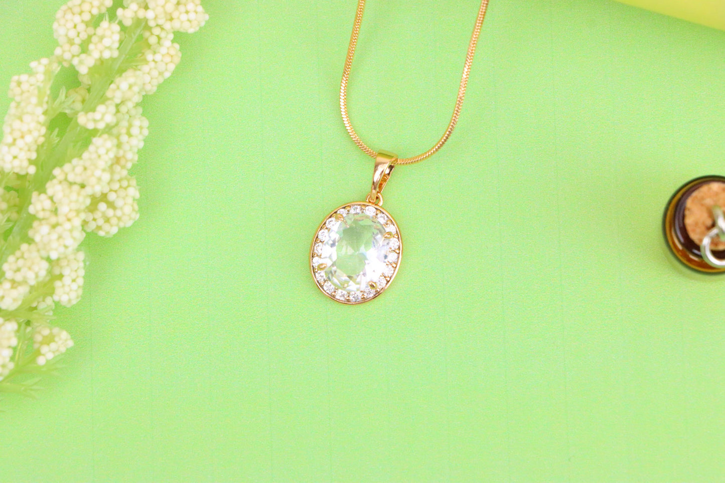 Oval White Pendant with Crystal Halo in Elegant Rose Gold Plating, XPPT1621 (2148-8)