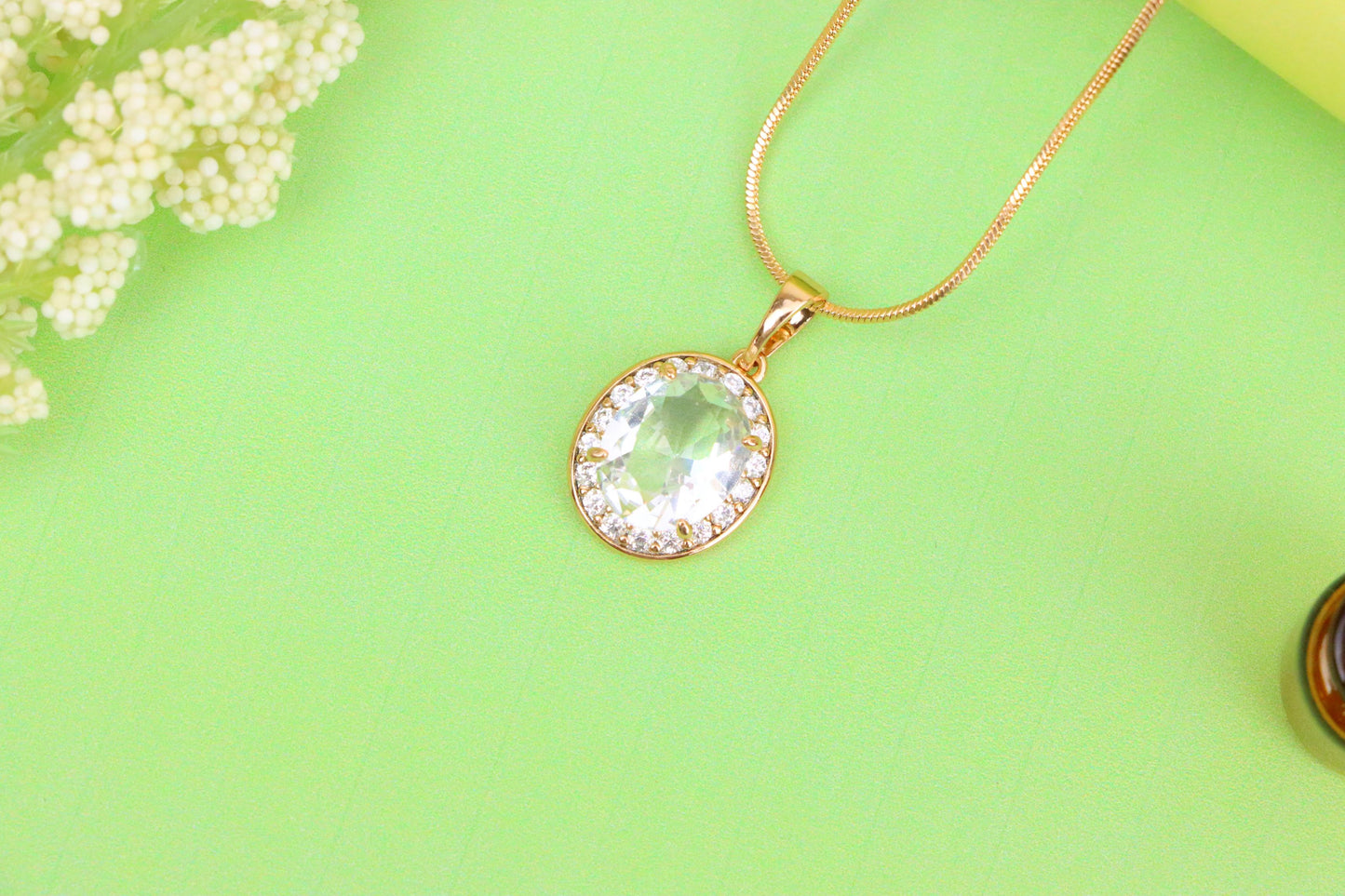Oval White Pendant with Crystal Halo in Elegant Rose Gold Plating, XPPT1621 (2148-8)