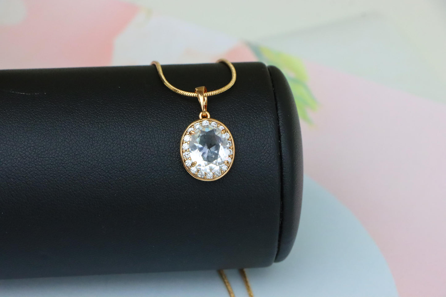 Oval White Pendant with Crystal Halo in Elegant Rose Gold Plating, XPPT1621 (2148-8)